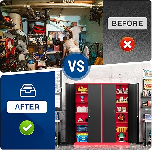 Miniatura 30 de Armario de almacenamiento de metal de 71 pulgadas con cerradura, resistente, gabinetes de herramientas de garaje con puertas y estantes, gabinete