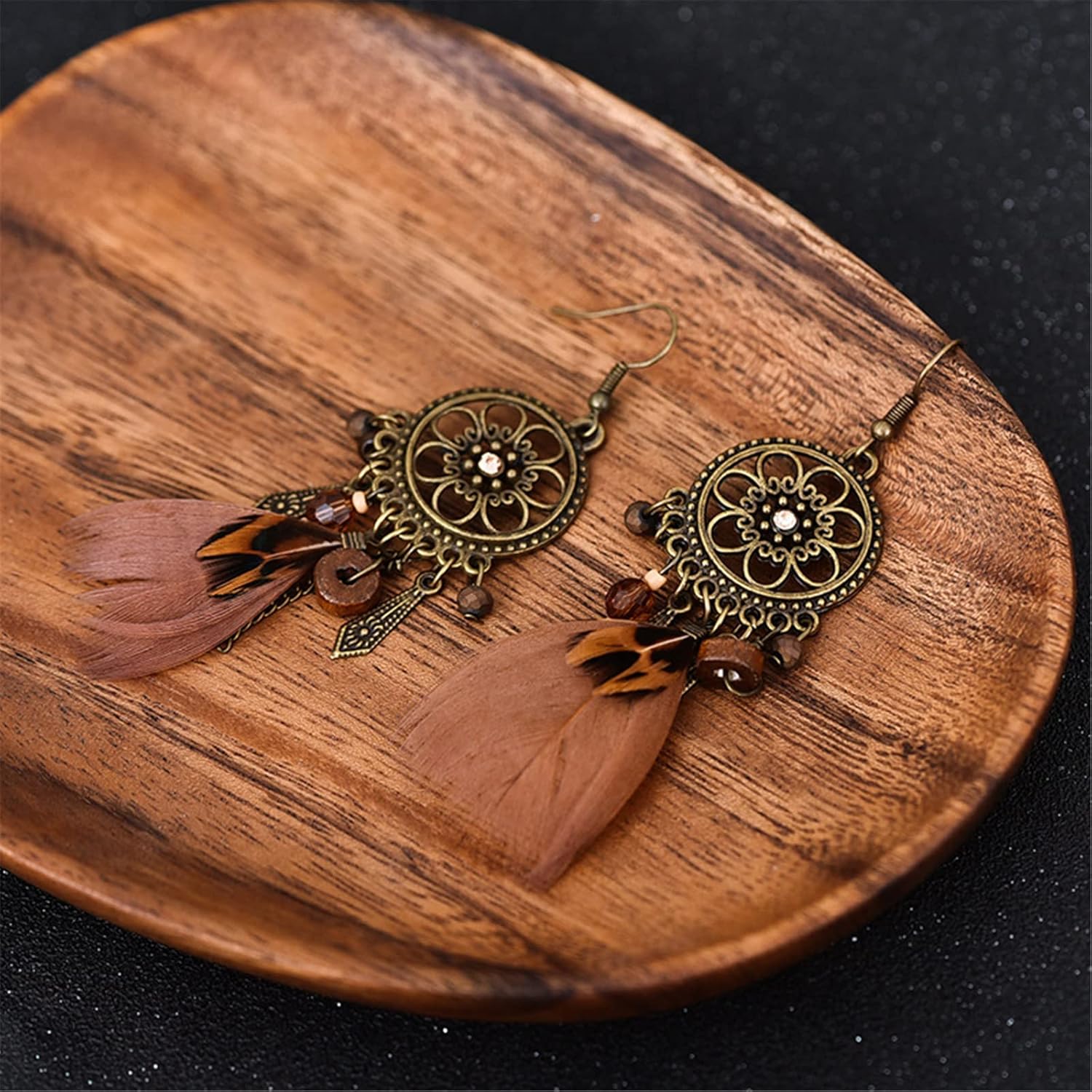 MALOYANVE Punk Vintage Brown Long Tassel Feather Beads Drop Wolf Tooth Pendant Earring Bohemian Fish Hook Dream Catcher Design Earrings Gift for women - Image 3