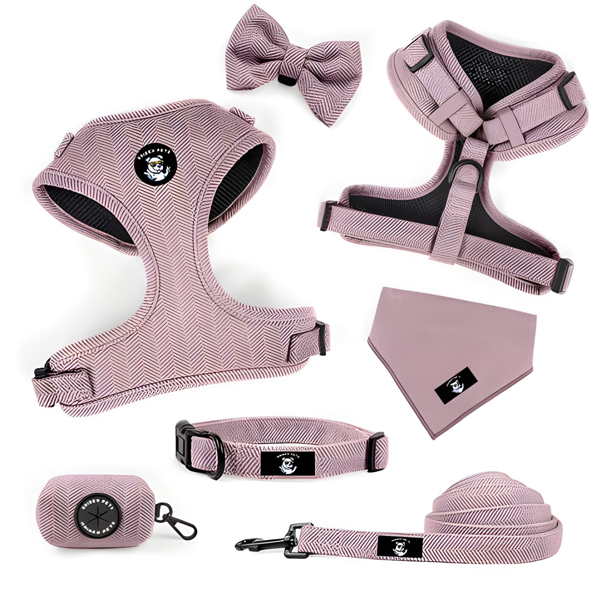 Gribex Pets 6-Piece Dog Harness Set – No Pull Harness, Leash, Collar, Bow Tie, Bandana & Poo Bag Holder – Adjustable, Soft & Stylish – Sizes XS to L (Pink, Small)