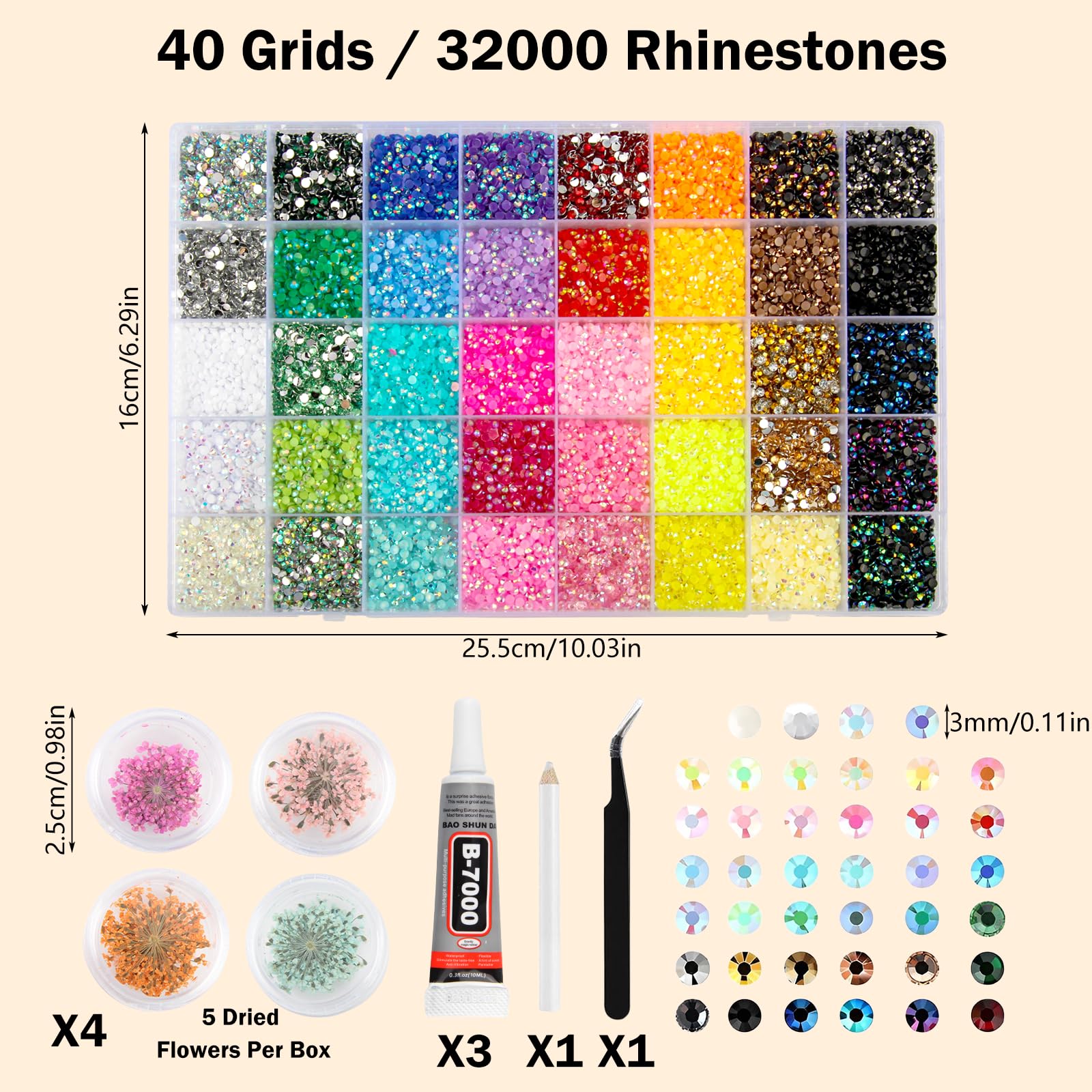 Bedazzling Kit 32000 Stück Strasssteine 40 Farben 3mm Jelly Glitzersteine Bedazzler kit with Glue Bedazzle Set mit Trockenblumen Pinzette Wachsstift für Nägel Handwerk Bücher Handyhüllen