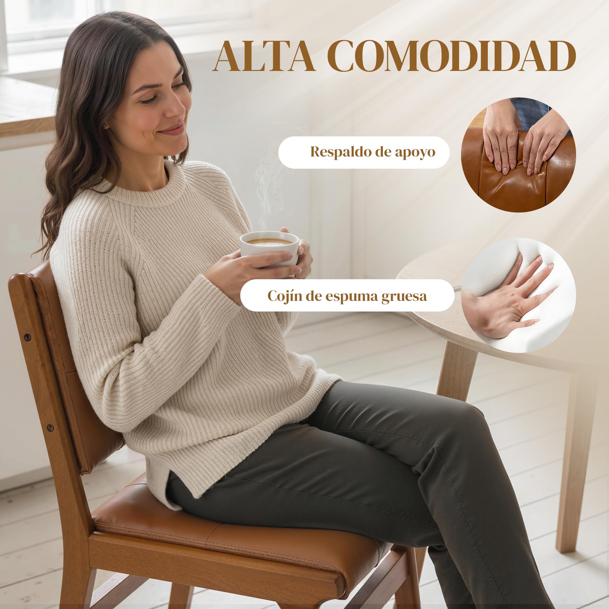HOMCOM Pack de 2 Sillas de Comedor Tapizadas en PU para Salón Marrón | Sillas de Cocinas Modernas, Asiento Acolchado, Patas de Madera