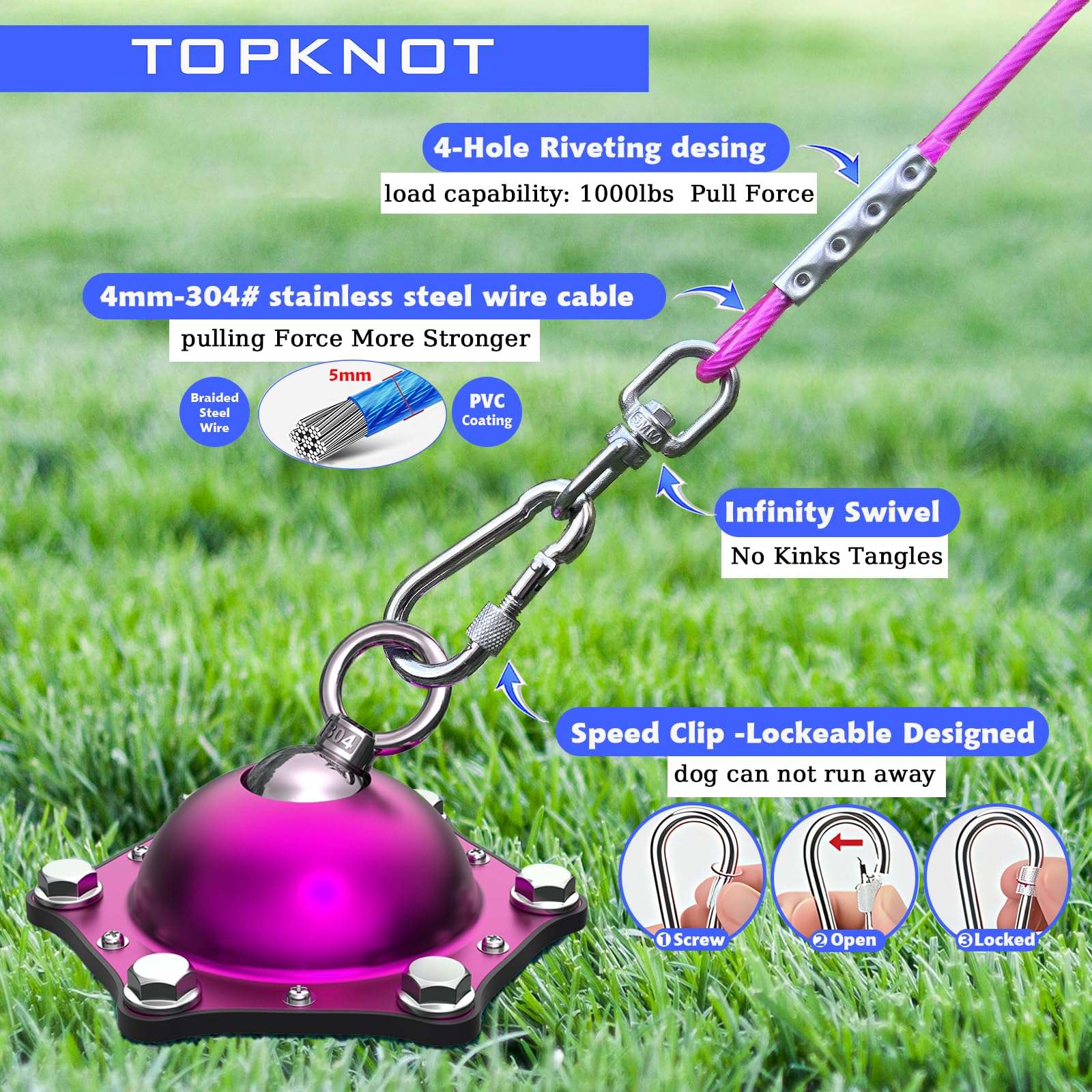 TOPKNOT Dog Tie Out Cable and Stake,(up to 200lbs) 360&deg;Swivel Dog Run- No Tangle,with 30FT Heavy Duty Tie Out Cable,Runner for Yard,Ideal for Outdoor Camping - image 7