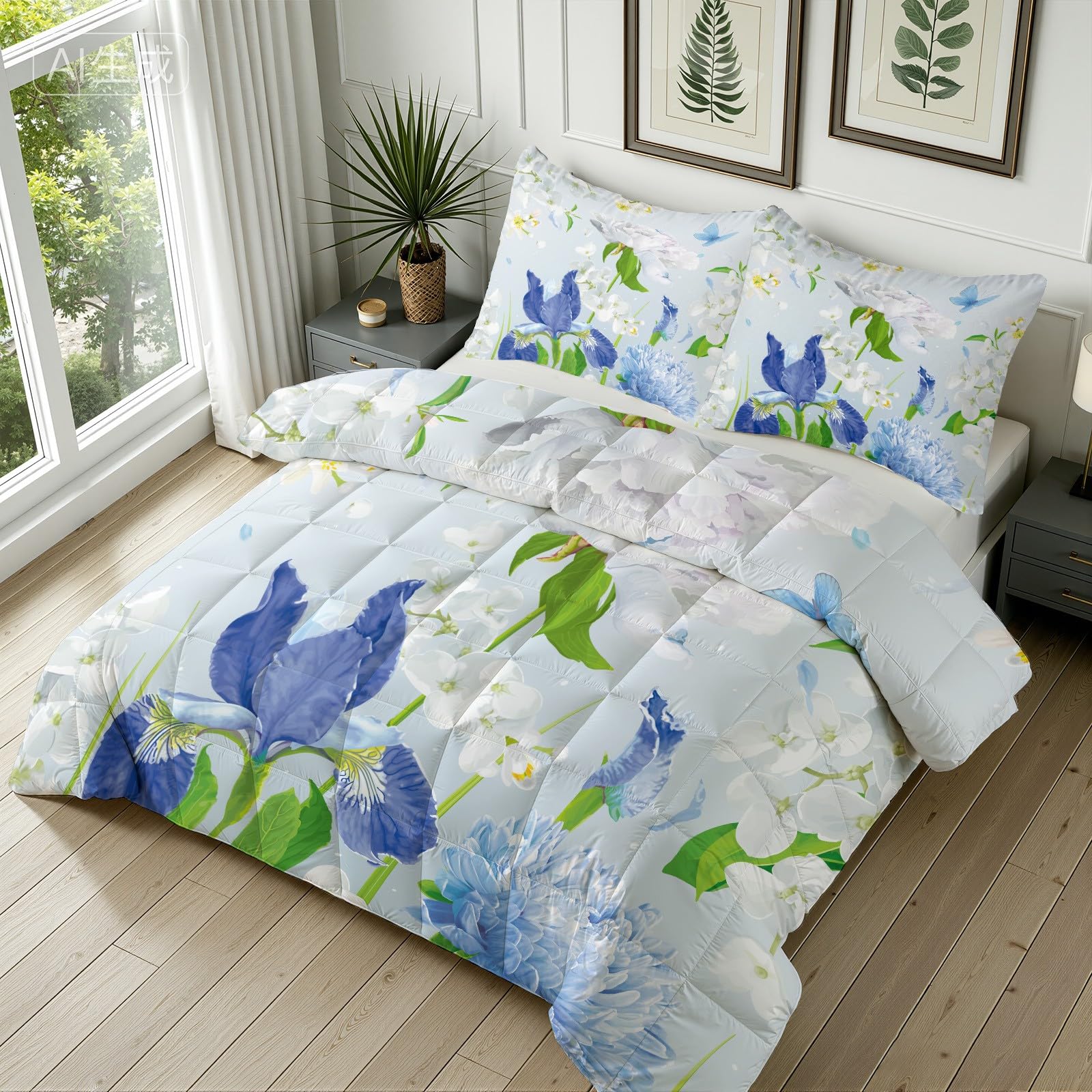 Iris Blumenmuster Bettdecke Ohne Bezug - Pflanzen Blumen Bettdecke 200x220 mit 2 Kissenbezug 80x80 cm - Waschbare Bettdecken Weich für 4 Jahreszeiten Duvet mit Reißverschluss
