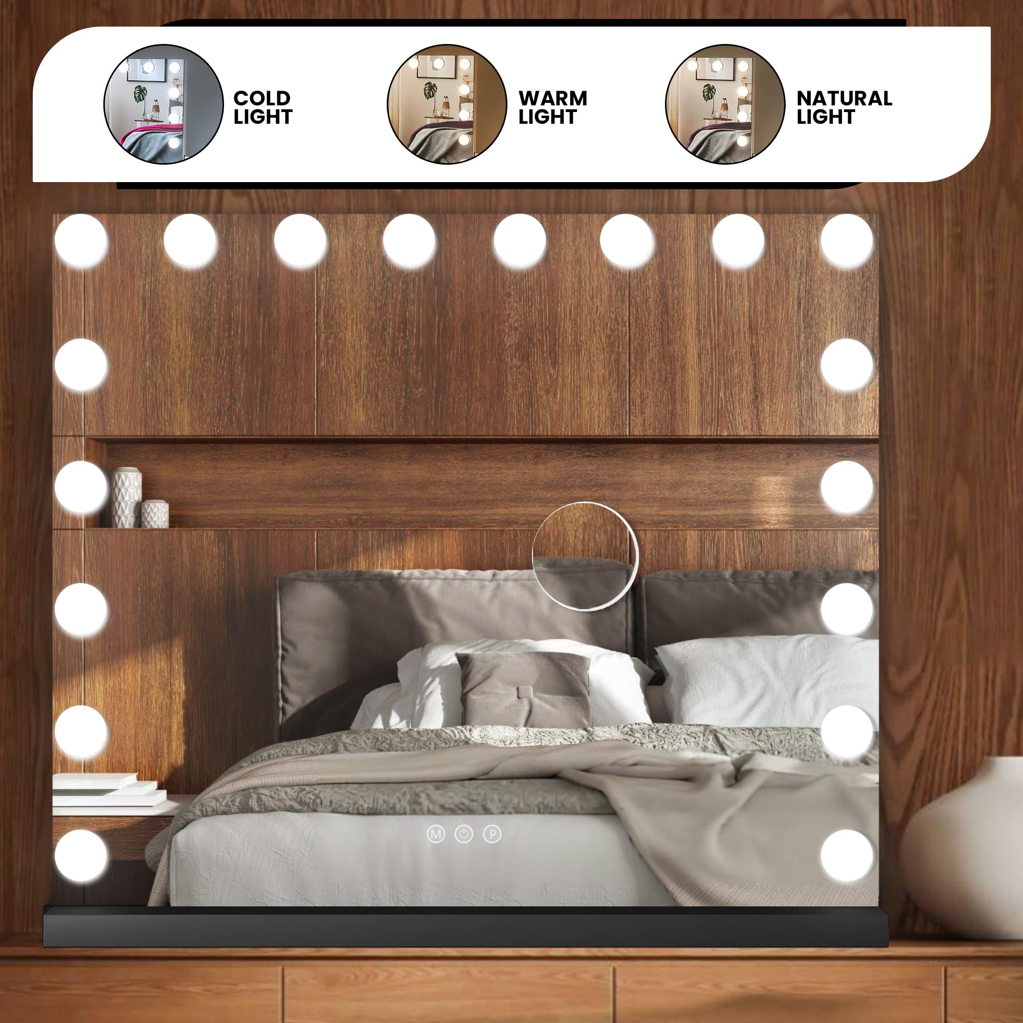 Bayt Specchio Hollywood con Luci LED – Specchio Trucco Nero 80x60 cm con 18 Lampadine Dimmerabili, 3 Tonalità di Luce (calda, fredda, naturale), Touch Screen & Specchietto Ingranditore 10x