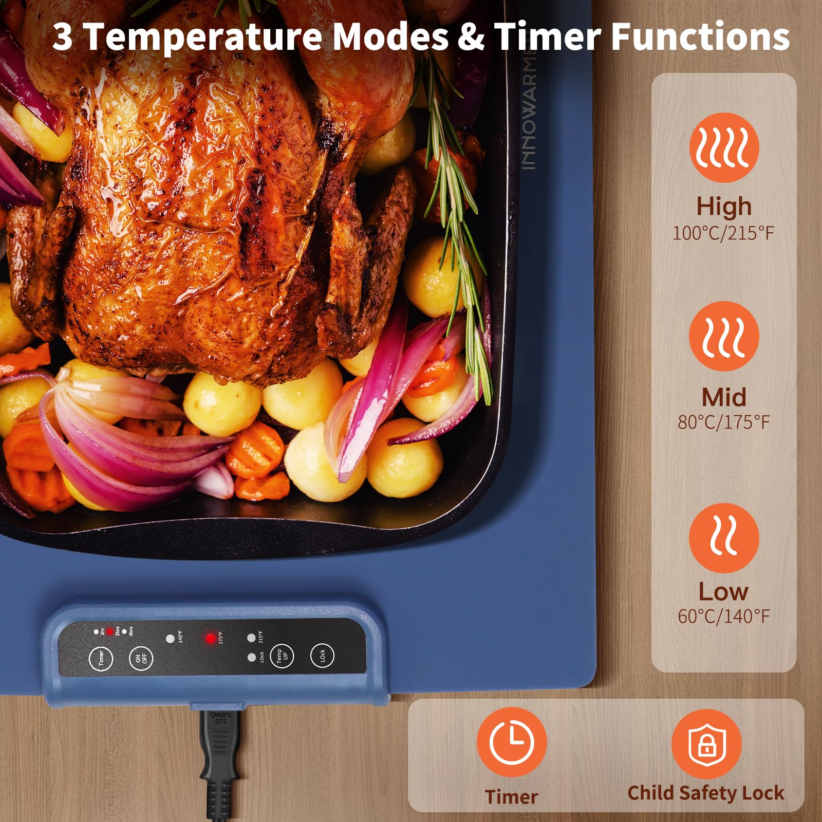 INNOWARMER Warmhalteplatte Elektrisch,Speisenwärmer Ganzflächige Erwärmung,Faltbare Silikon Warmhalteplatte 3 Einstellbarer Temperatur & Timer,Buffetwärmer Elektrisch für Buffet Familie (Blau)