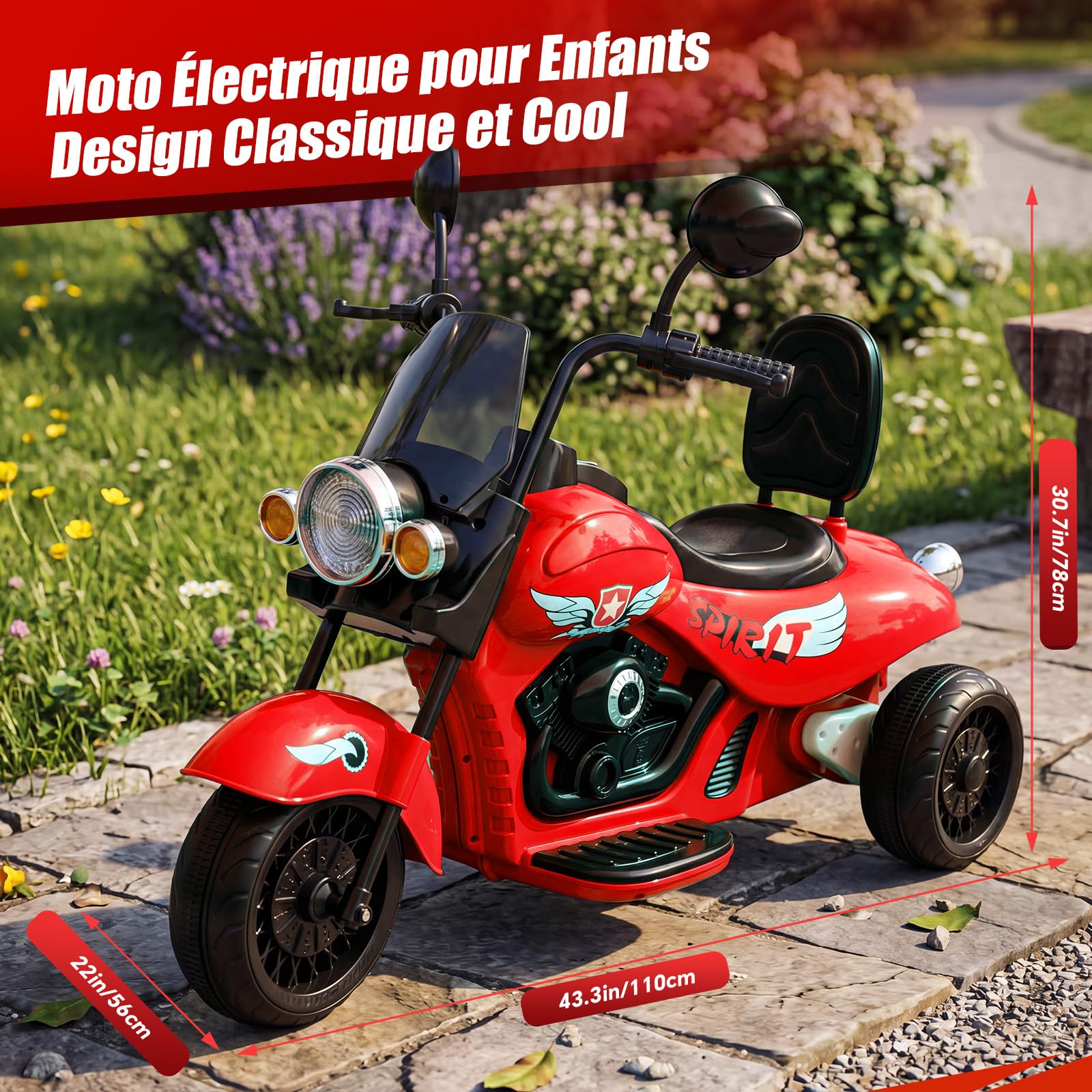 Garvee Moto Électrique Enfants 12V 3 Roues 2 Moteur Scooter pour 3 à 6 Ans