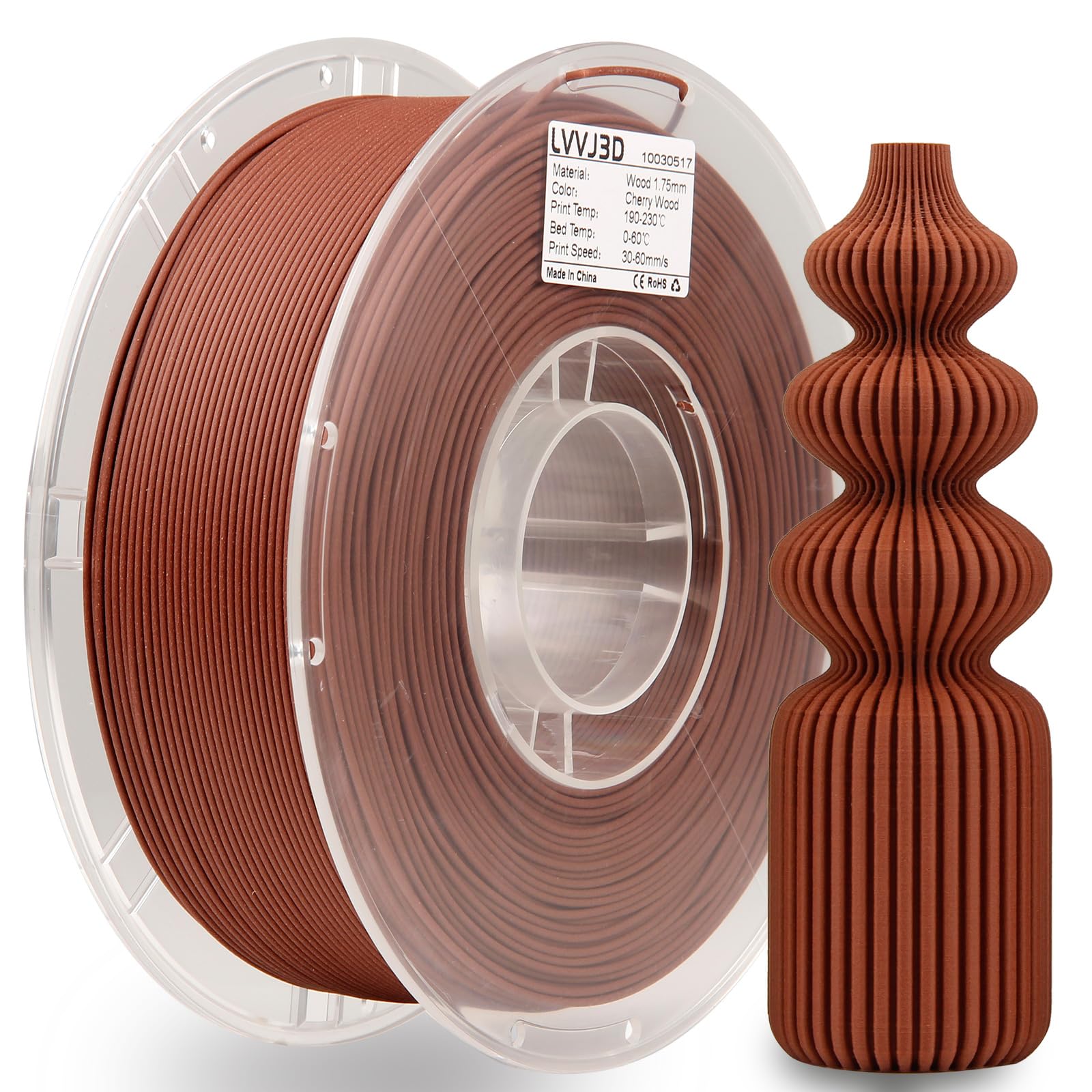 LVVJ3D Wood PLA 3D Printer Filament, 1.75mm PLA Filament Cherry Wood Filament, Dimensional Accuracy +/- 0.03 mm, 1kg/Spool