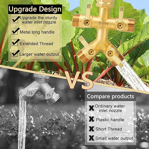 Miniatura 5 de EBH Divisor de manguera de jardín de latón de flujo completo, divisor de manguera resistente de 4 vías de alto flujo, boquilla multiángulo de 34