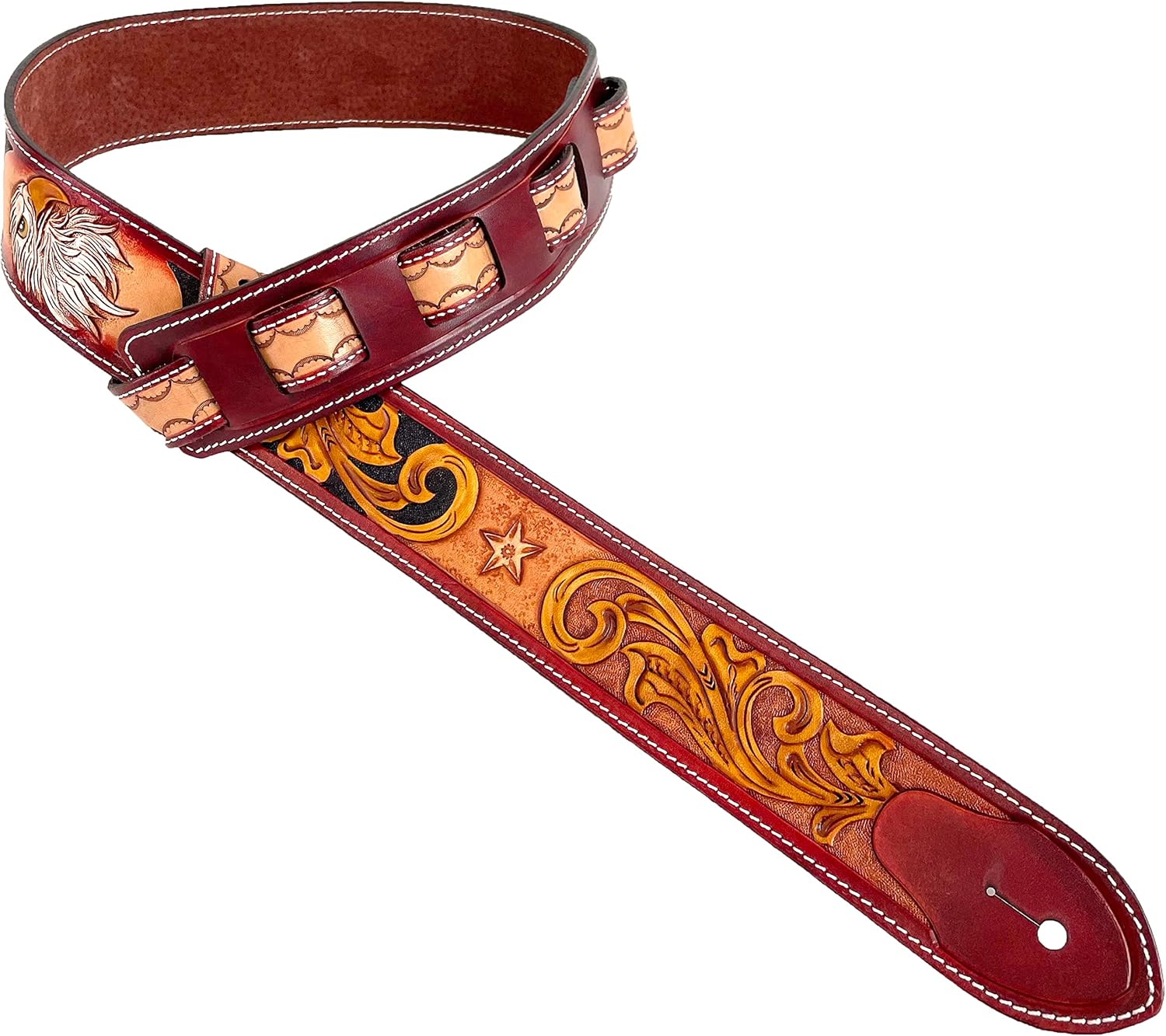 Walker & Williams LC-17 Hand Made Super Premium Leather Guitar Strap with Hand Tooled Western Eagle Design For Acoustic, Electric, And Bass Guitars