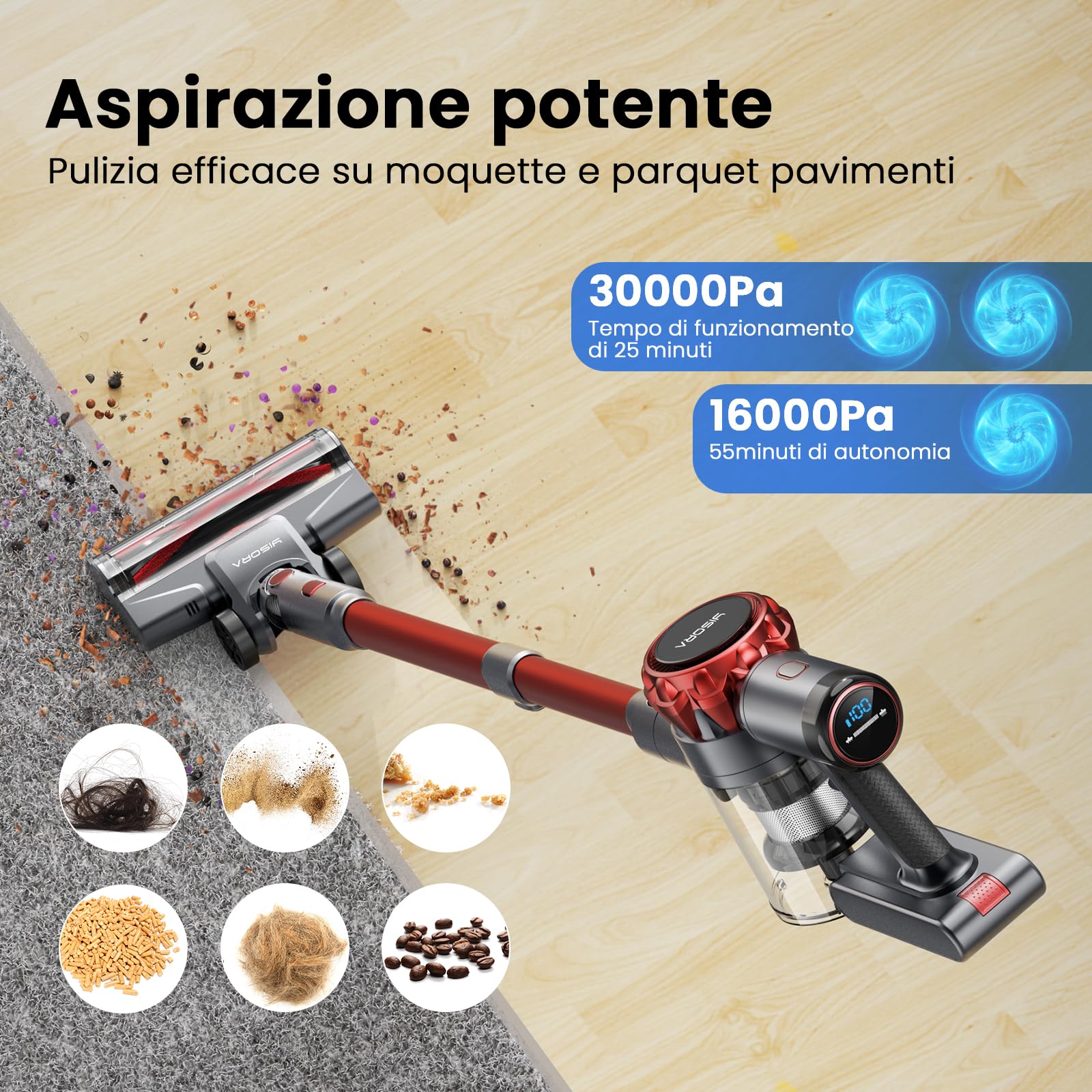 Aspirapolvere Senza Fili 30KPa, Aspirapolvere Senza Fili Mantiene casa, Autonomia 55 Minuti, Batteria Rimovibile, Aspirapolvere spazzola elettrica per Moquette/Peli di Animali Domestici/Pavimenti