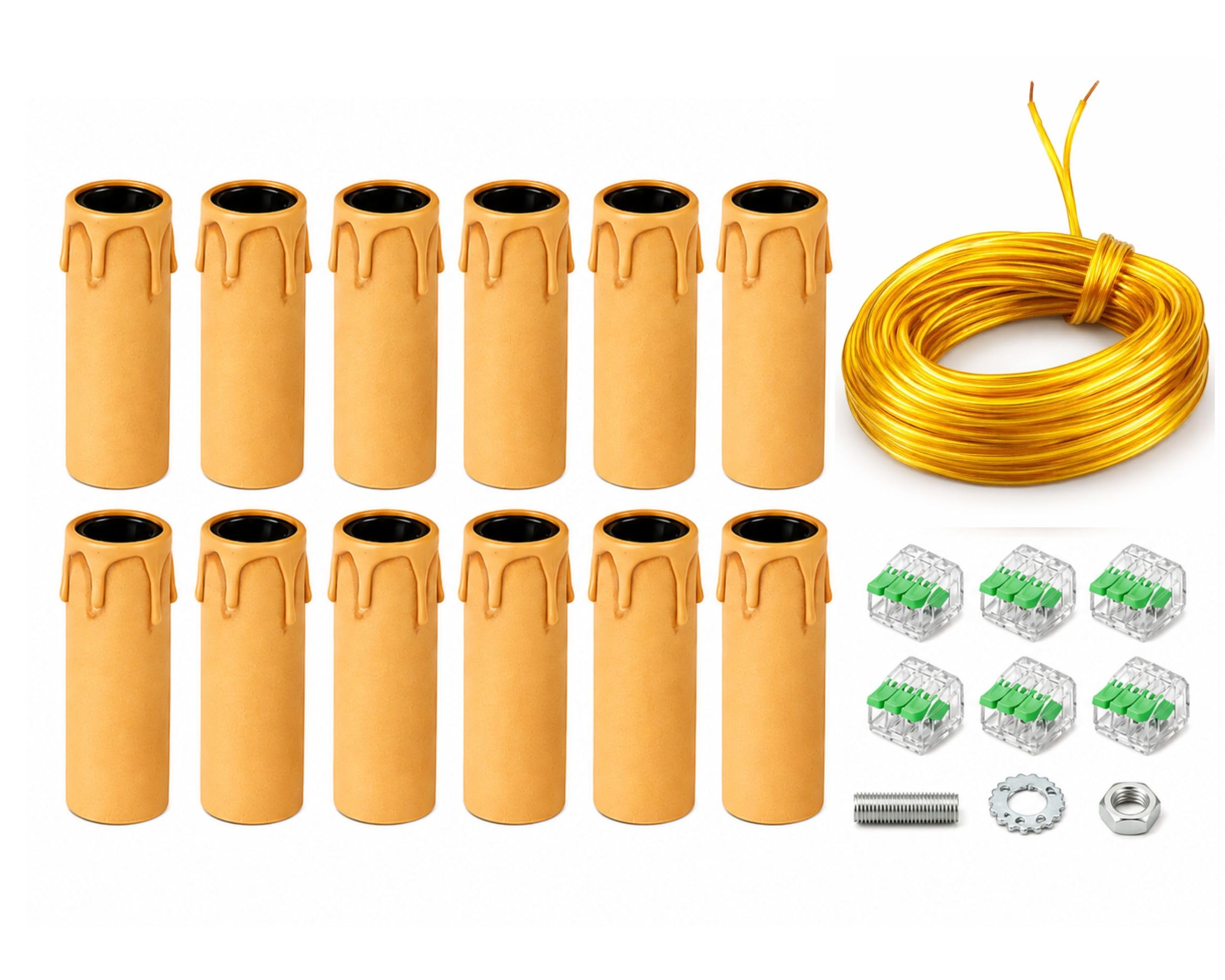 Kit Professionale Restauro Lampadario E14 – 12 Portalampade E14 Finta Candela Antichizzati con 10 Metri Cavo Oro, 6 Morsetti Rapidi e Kit Ferramenta M10x1 – Per Lampadari Vintage e Candelabri