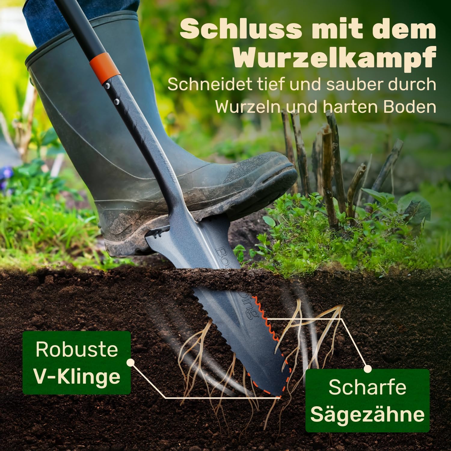 Der stabile Spaten mit Wurzelsäge | Wurzelspaten für das einfache Graben im Garten | Schaufel Garten mit ergonomischem Griff und breiter Trittkante | Gärtnerspaten mit Säge für Harte Böden