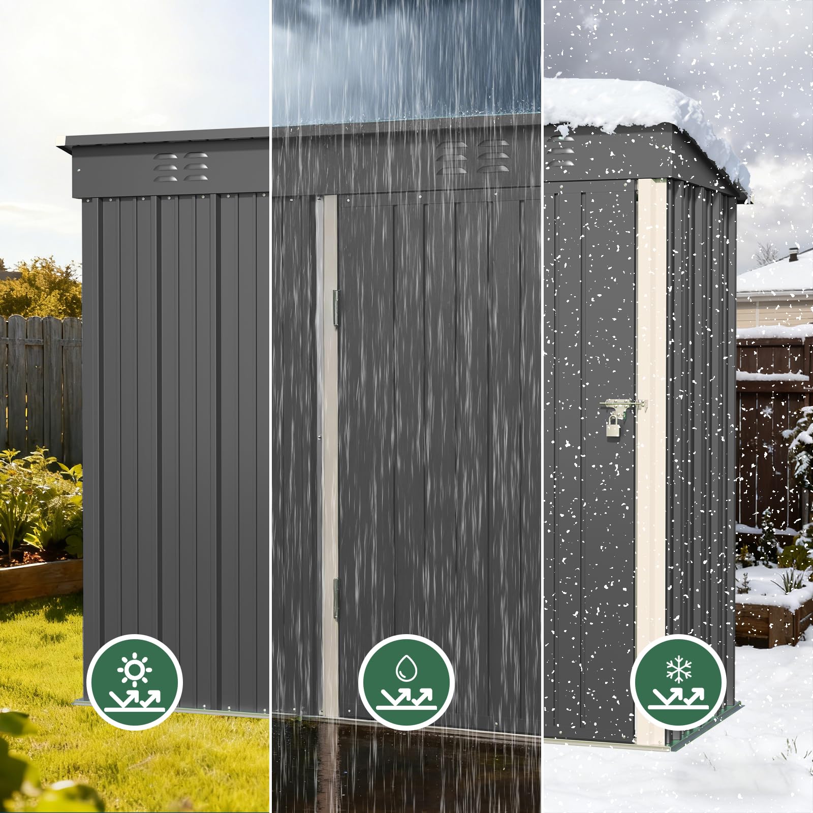 Gerätehaus Metall 161×94×182 cm, Gartenschuppen mit Schrägdach, Wetterfest & Rostfrei, Gartenhaus mit Belüftung & Regalböden, für Garten, Terrasse & Rasen (Grau)