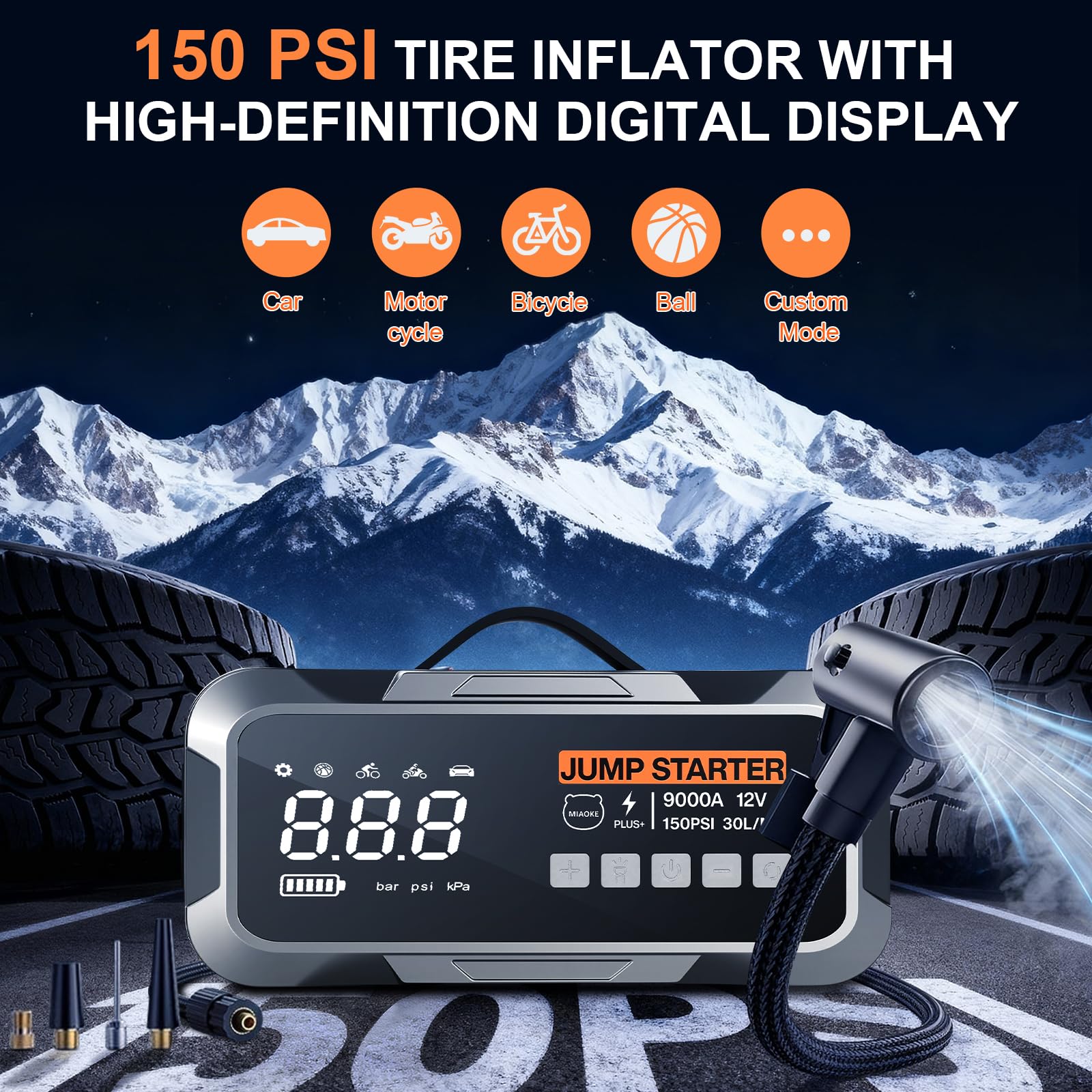 Paquete de potencia mejorado de arranque 9000A, 22 cilindros, tiempo de inflado rápido de 90 segundos, con iluminación LED, chip de IA, compresor de aire de 12 V, 150 PSI, para vehículos diésel