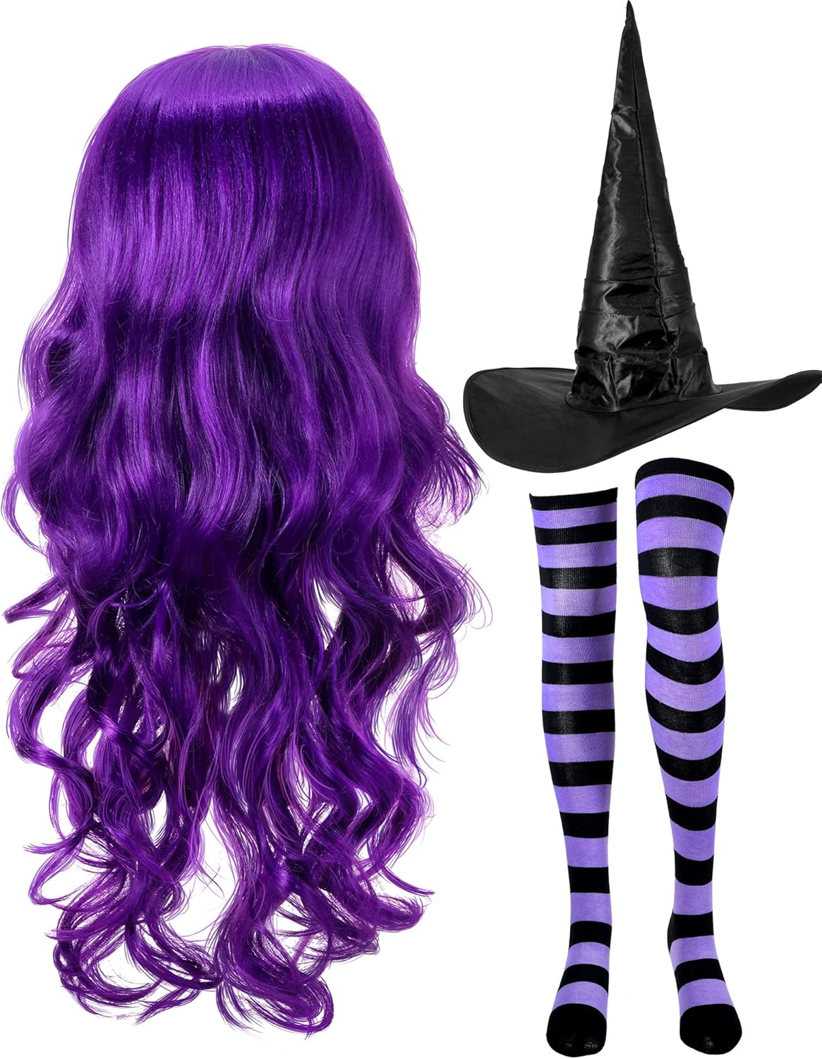 Janinka Halloween Witch Costume Set for Woman, Wig, Witch Hat, Socks Purple