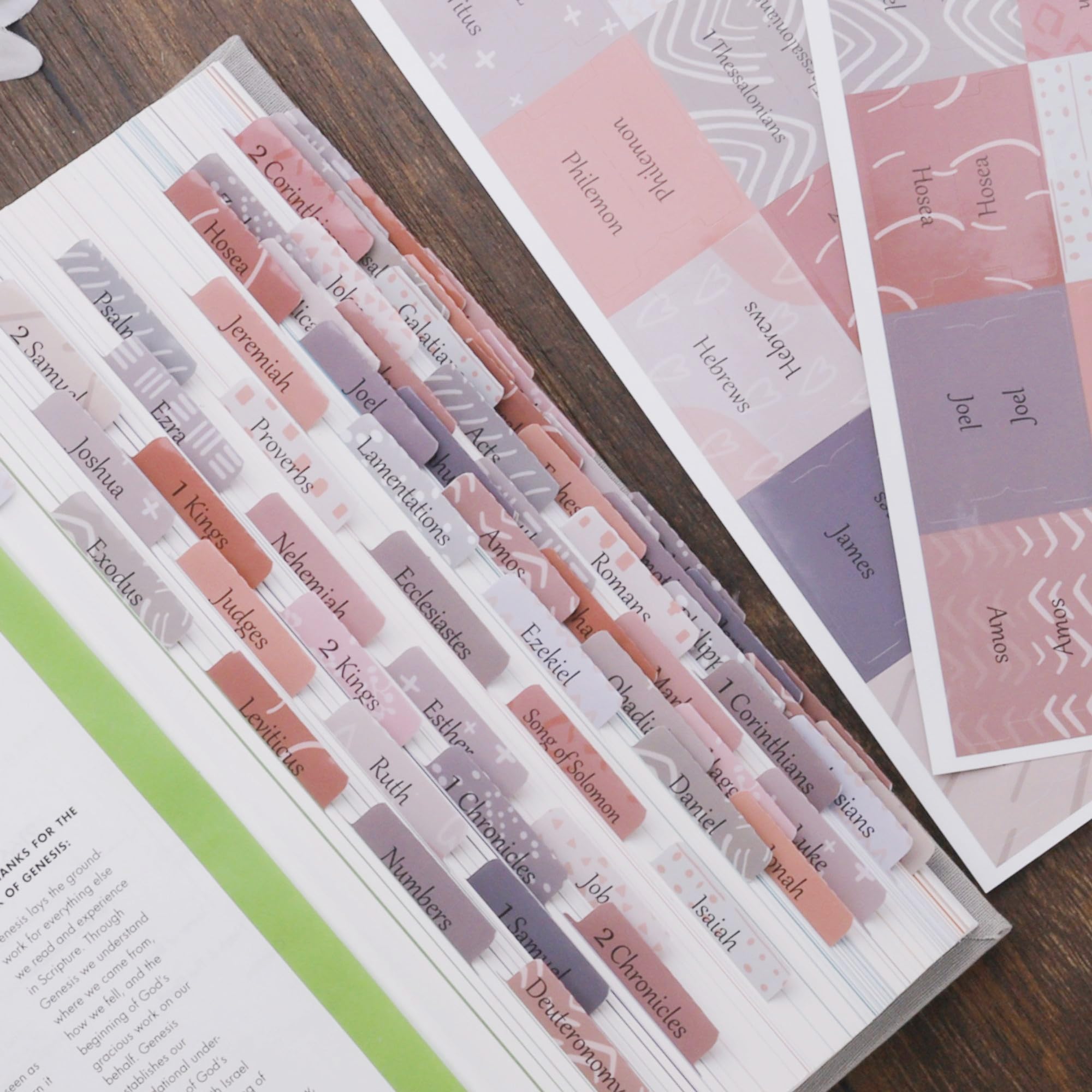 Thinkor Reposition Laminated Bible Tabs, Large Print Stickers, Easy to Read and Apply Bible Tabs for Women and Man (Pink & Gray Print)