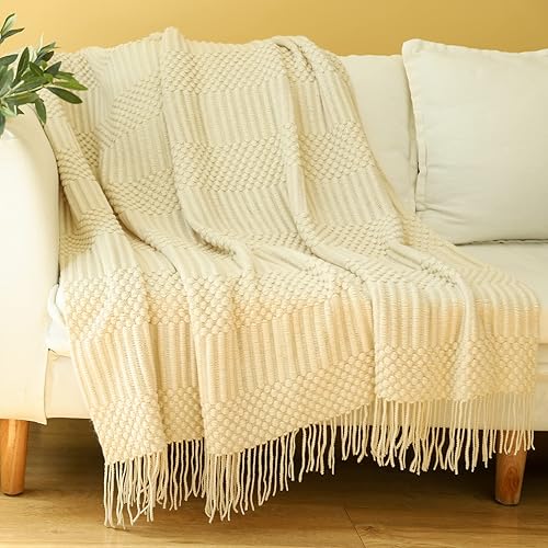 Blagic Manta de punto para sofá, cama y sofá. Manta súper suave con borlas, manta beigemarfil, 50 x 60 pulgadas, ligera y acogedora decoración del