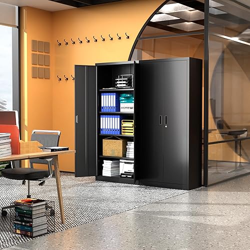 Miniatura 8 de LOCENHU Armario de almacenamiento de metal con 2 puertas y 4 estantes ajustables, gabinete de archivo con bloqueo de 71 pulgadas, gabinete de