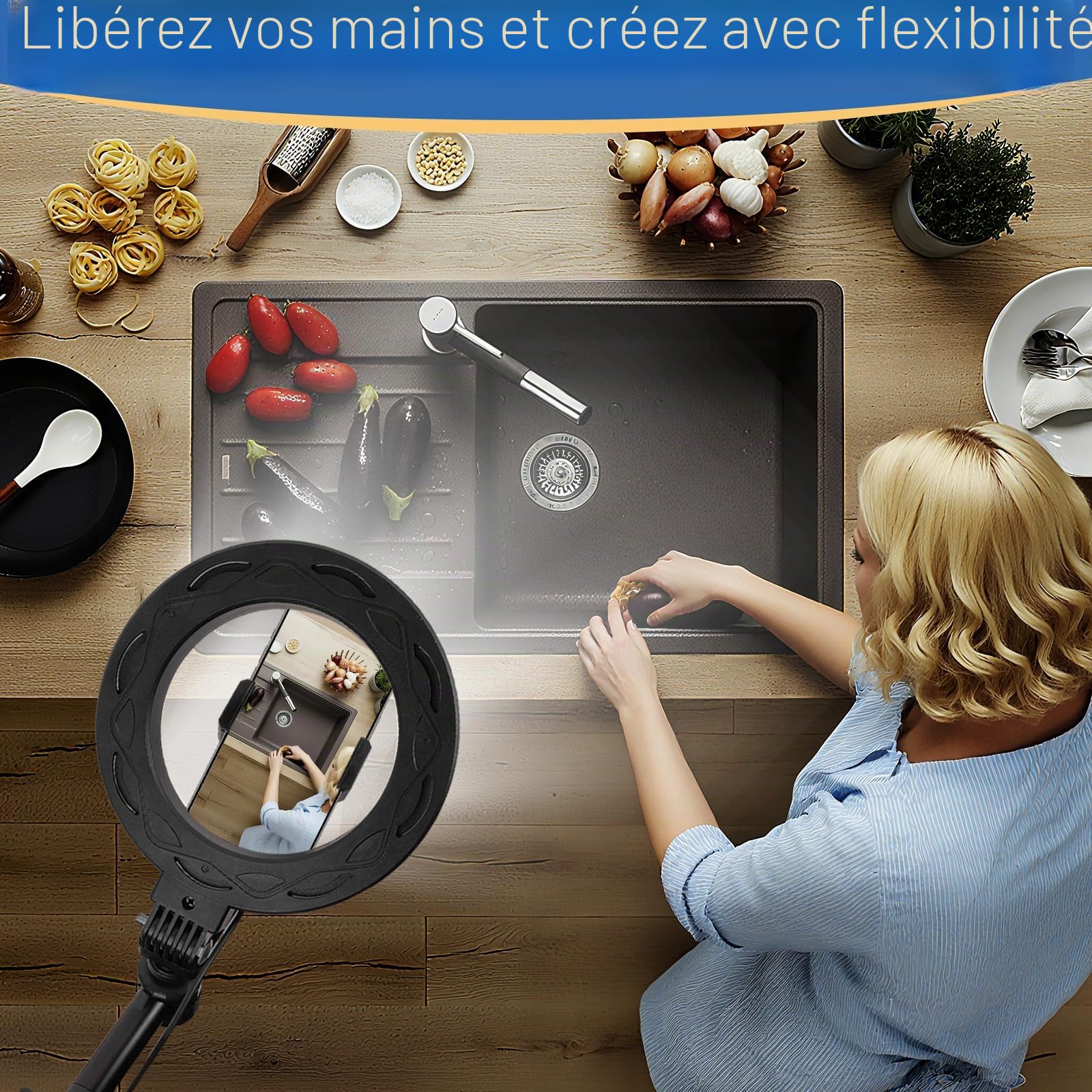 Hivexagon Support de téléphone de bureau suspendu avec anneau lumineux de 15 cm et base lestée, hauteur réglable de 50 à 130 cm, pour enregistrement vidéo, photographie, maquillage,diffusion en direct