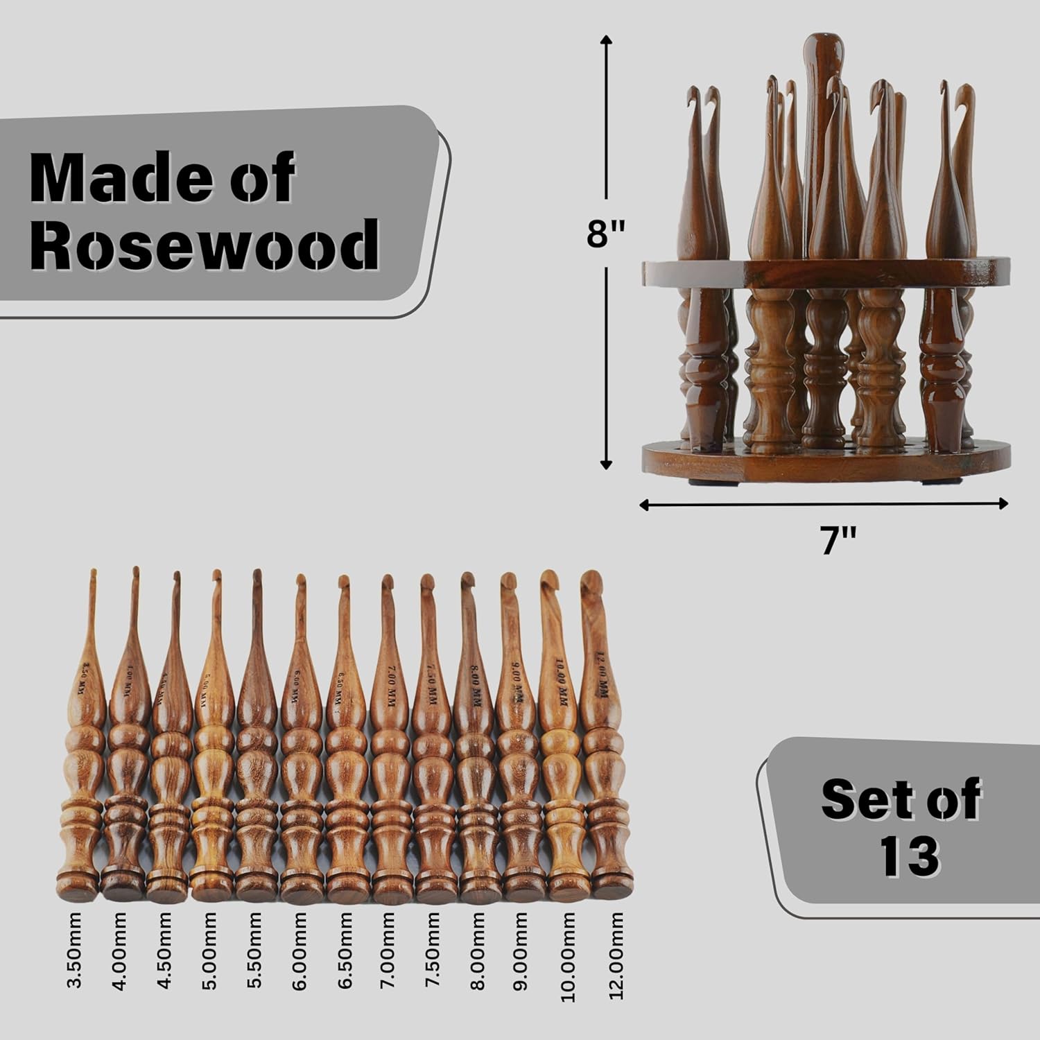 13-Piece Wooden Crochet Hook Set with Stand – Sizes 3.5mm to 12mm, Smooth Bamboo Crochet Hooks for Yarn, Ergonomic Knitting & Crochet Tools for Beginners & Experts