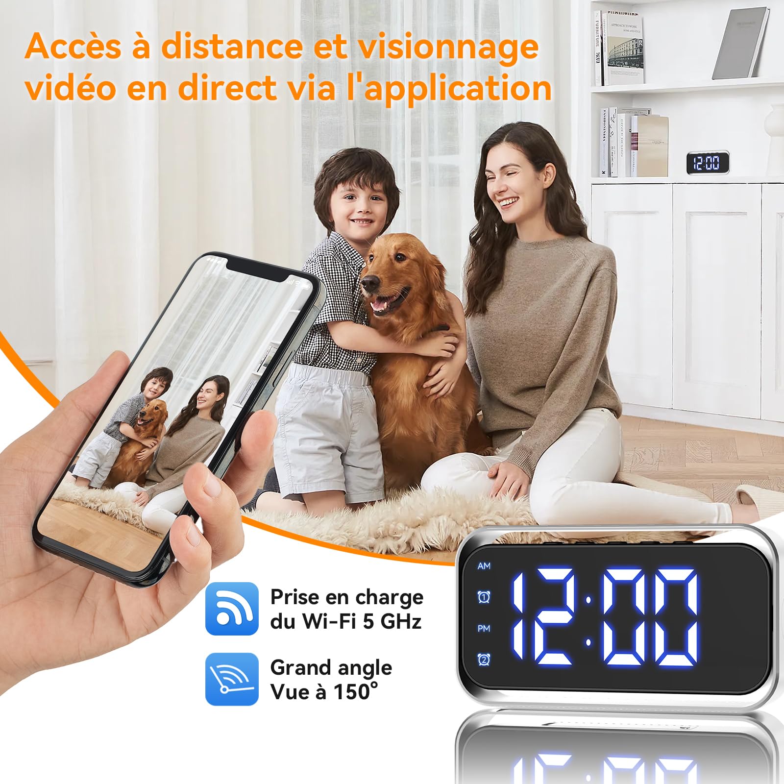 Caméra WiFi Sans fil Tccbac 4K Ultra HD, objectif grand angle 150°, caméra de surveillance, transmission en streaming en temps réel, objectif à détection de mouvement