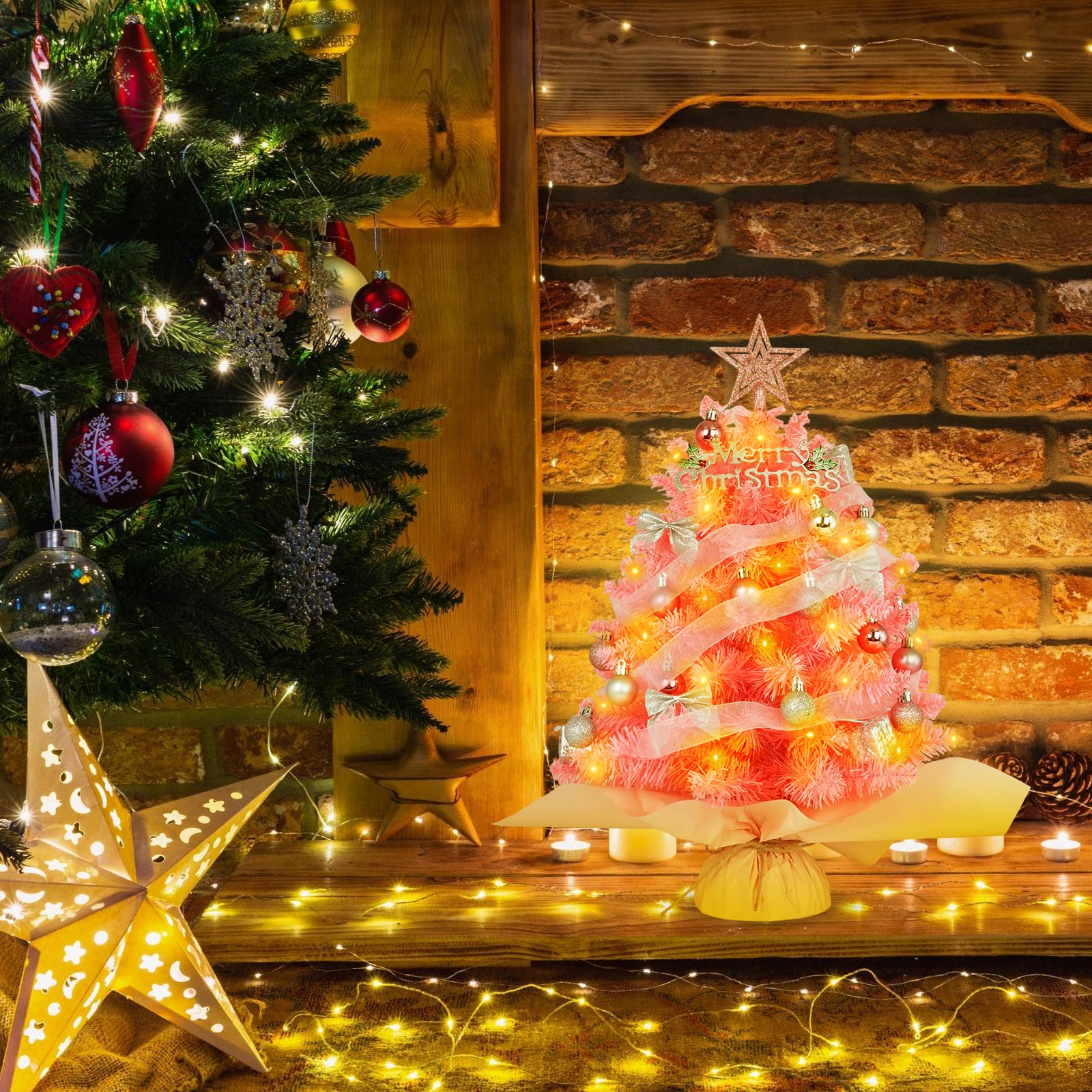 Mini árbol de Navidad rosa de 20 pulgadas, pequeño árbol de Navidad artificial con luces, árbol de Navidad de mesa con estrella en la parte superior, cajas de lazo y adornos de bolas para decoración