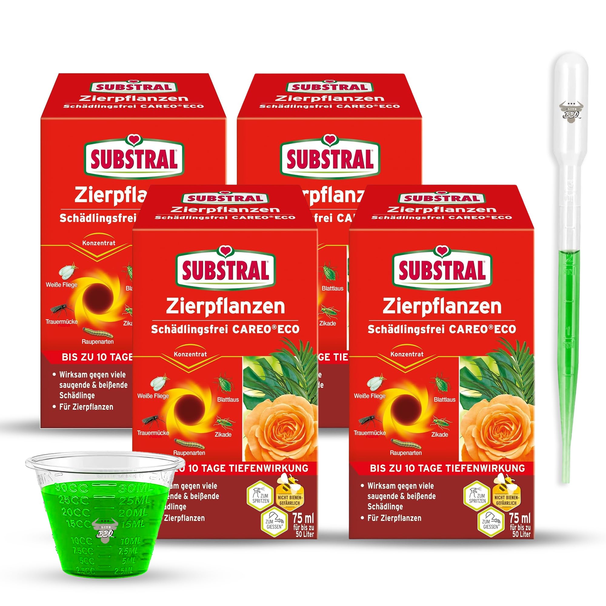 ELITE BBQ passend für 4er Set Substral Celaflor Schädlingsfrei Careo ECO 75 ml mit Pipette & Messbecher – gegen Blattläuse, Spinnmilben & Thripse