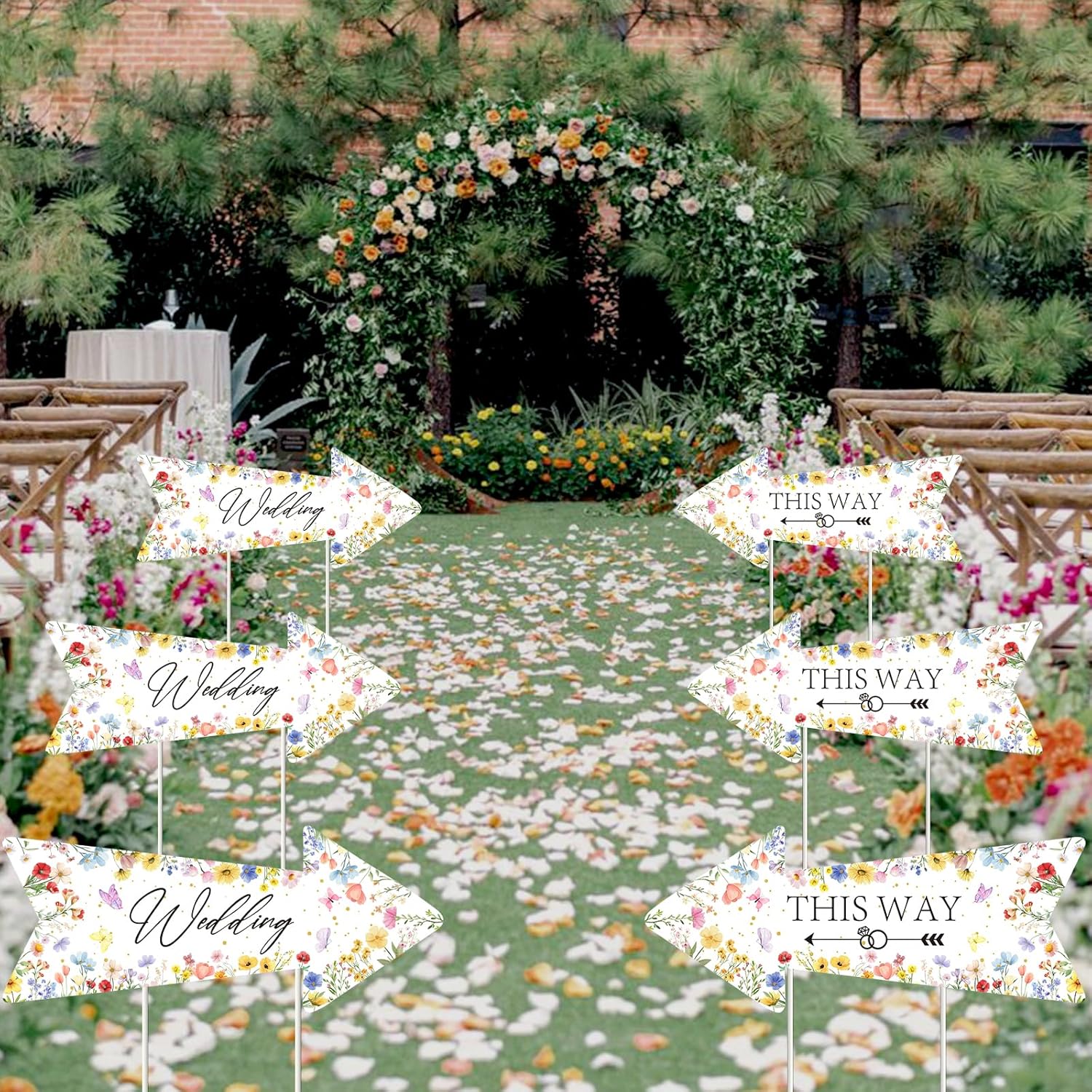 Funmemoir Wedding Directional Road Signs 6PCS Double-Sided Waterproof Wedding Welcome Sign with Stakes Wildflower Wedding This Way Arrow Signs for Lawn Yard Outdoor Ceremony Reception