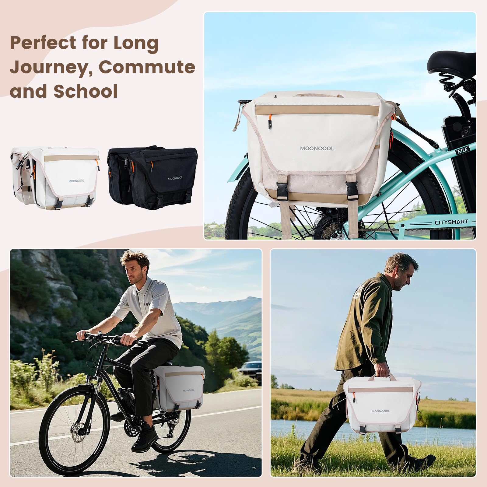 H&ZT Bicycle Pannier Bag 40 L, Waterproof Dual-Side Rack Trunk with 4 Adjustable Straps & Hook-and-Loop Fastening, 230D Polyester & 800D Oxford Fabric, Removable Carry Handle (Beige)