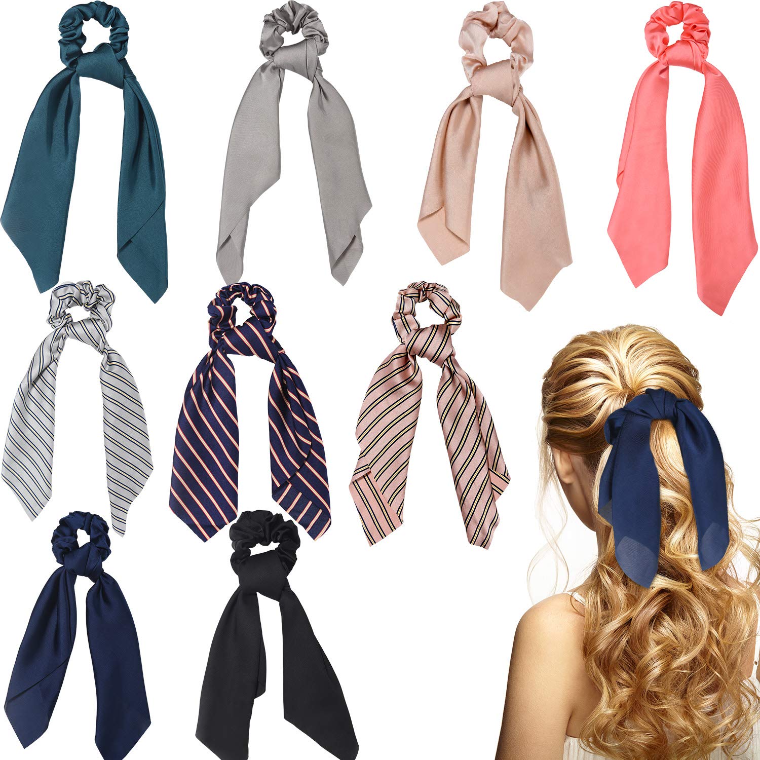 Sunaction 12 Pcs Hair Scarf Scrunchies Satin Silk Hair Scarves