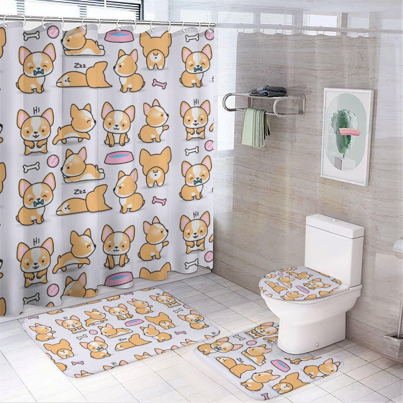 Wlntrophic Bathroom Mat Set 4 Piece, Funny Corgi Shower Curtain with Non-Slip Bath Mats for Bathroom
