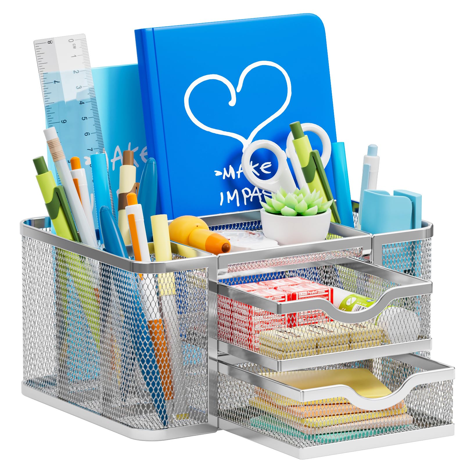 Marbrasse Organizer Scrivania,Multifunzionale Porta Penne da Scrivania,5 Comparti Rete Portaoggetti 2 Cassetti,Portapenne Scrivania,Portapenne per Casa Ufficio(Argento)