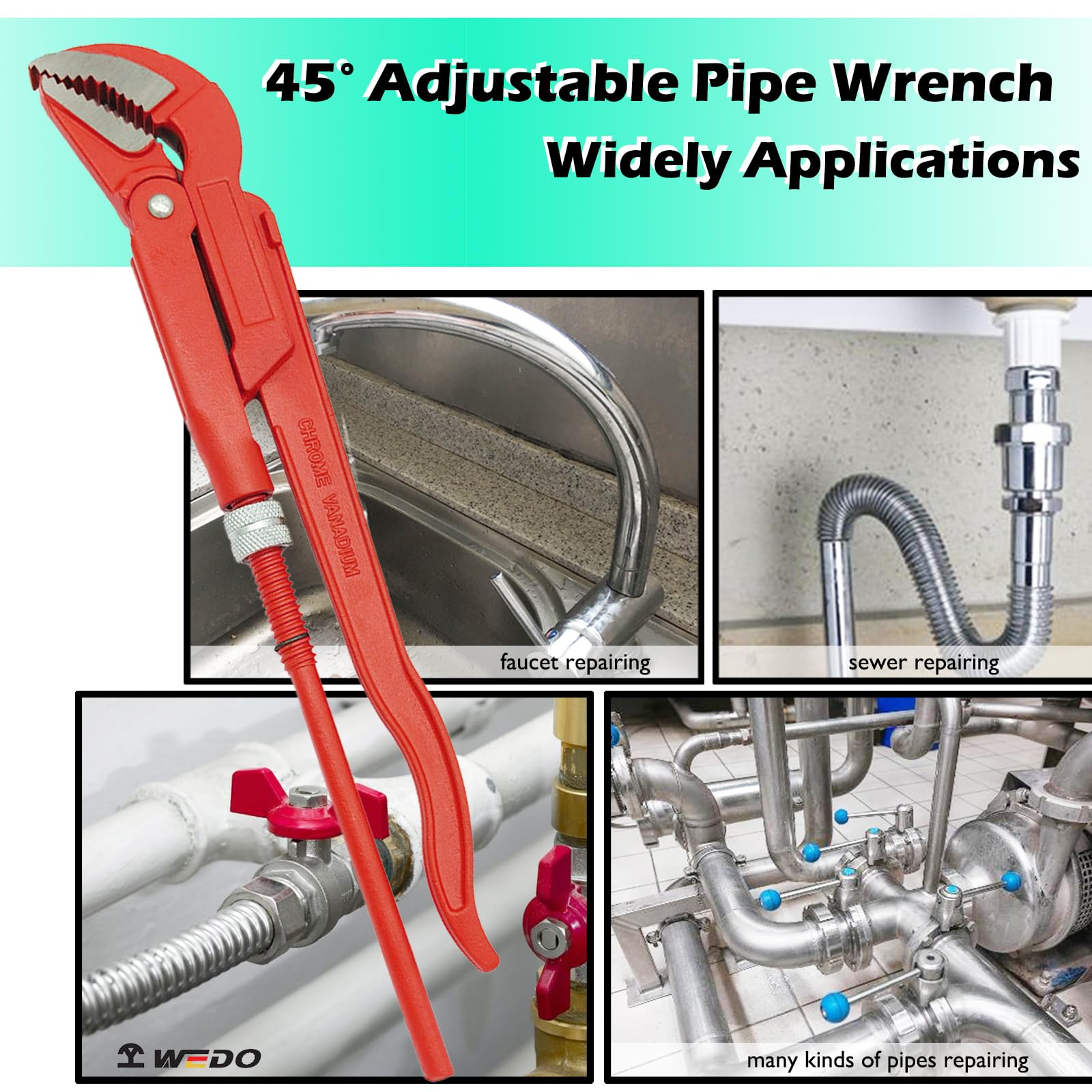 WEDO Llave de tubo sueca en ángulo de 45grados,llave de bomba de agua,diámetro de sujeción de tubería de 4 pulgadas,longitud de 652mm,apertura máxima de mandíbula de 103mm,acero CR-V