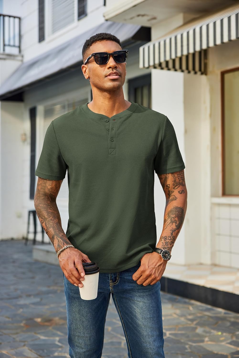 COOFANDY Men's Waffle Henley Short Sleeve Textured T Shirt Casual Button Tee Shirts Heavyweight Henley Summer Top - Image 5