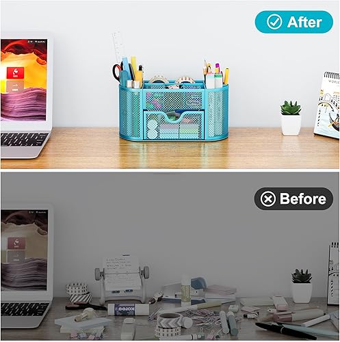 Miniatura 5 de Organizador para escritorio EasyPAG, malla metálica, 9 compartimentos, gavetas para escritorios con bandeja, Azul