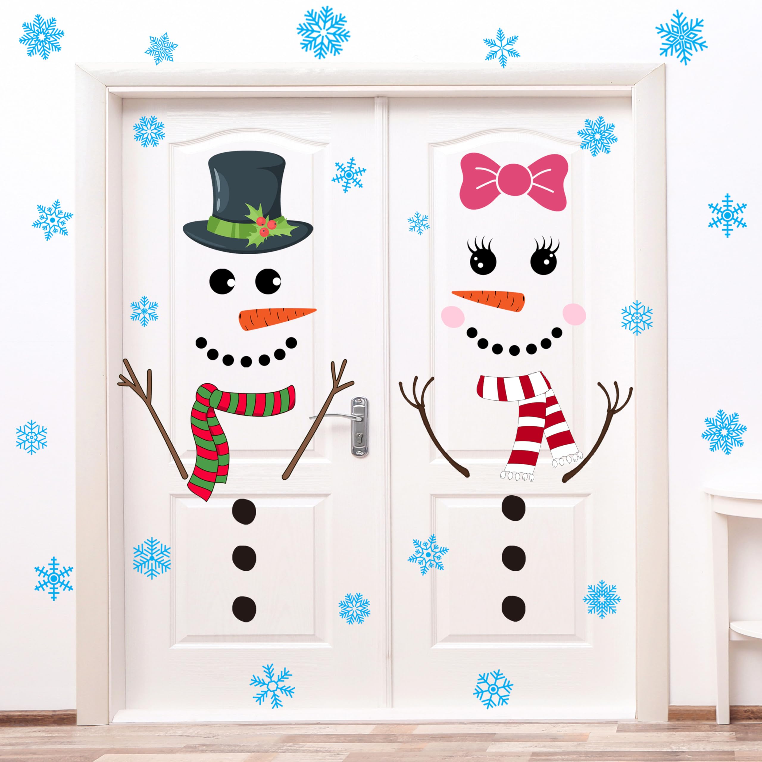 4 Sheets Christmas Snowman Door Stickers Christmas Door Stickers Decor Large Snowman Face Stickers with Snowflake Decals for Winter Door Window Refrigerator Decorations