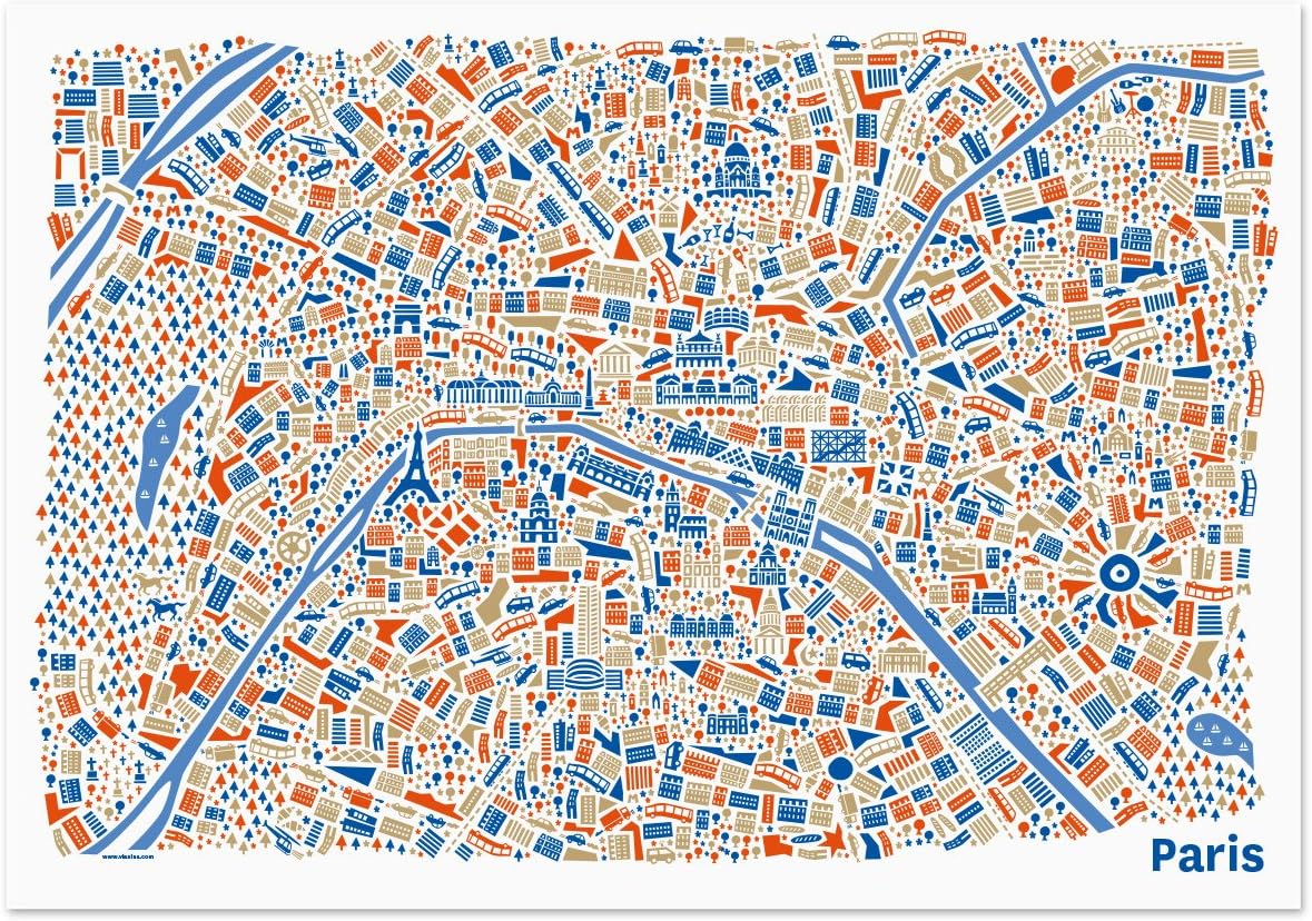 Paris Poster (100x70) city map art print illustration with the Eiffel Tower, Louvre, Notre Dame, Champs-Elysees, Sacre Coeur, Arc de Triomphe, Centre Pompidou, the Musée d'Orsay and the Pere Lachaise Cemetery.