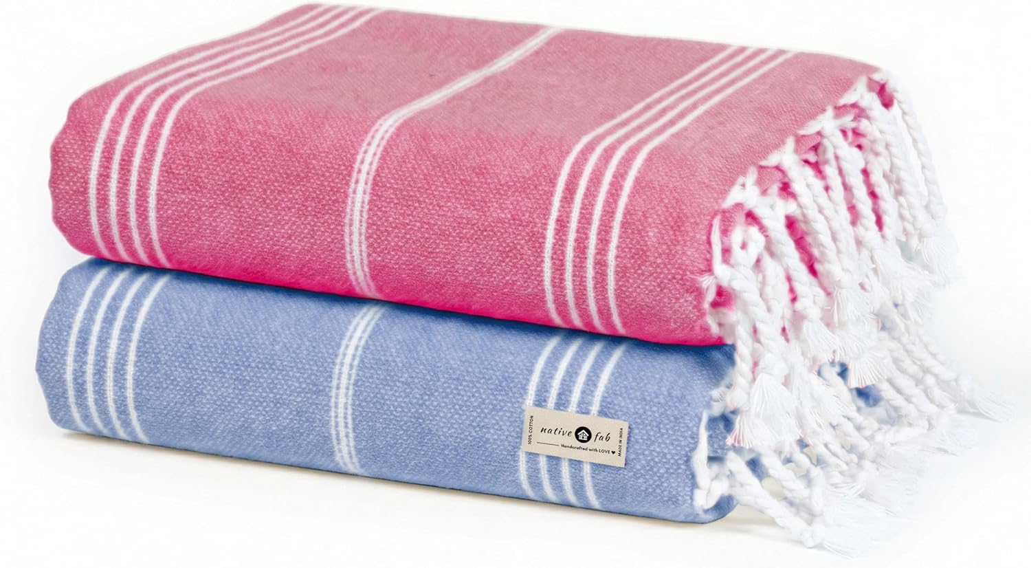 Native Fab Oversized Beach Towels, 2 Pack, 40"x71", 100% Cotton, Lightweight, Soft, Quick Dry, Absorbent, Sand Free, Multipurpose Towel for Travel, Pool, Bath - Pink, Sky Blue