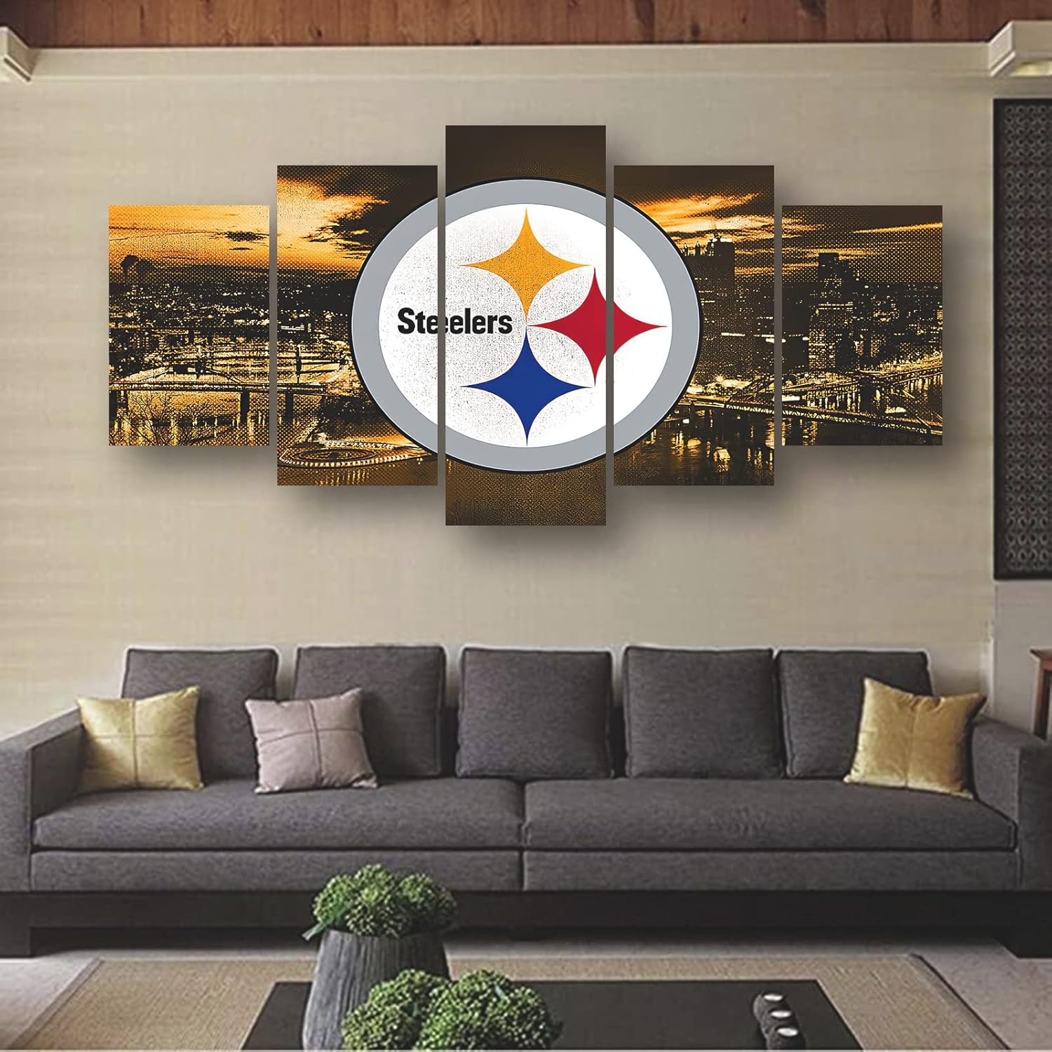 Pittsburgh City Steelers American Football Poster Sports Pattern Canvas Wall Art Print Pattern Artwork Home Decor Large Frame Painting Ready to Hang 5Pcs (Framed,20x30x2pcs+20x45x2pcs+20x60cmx1pcs)