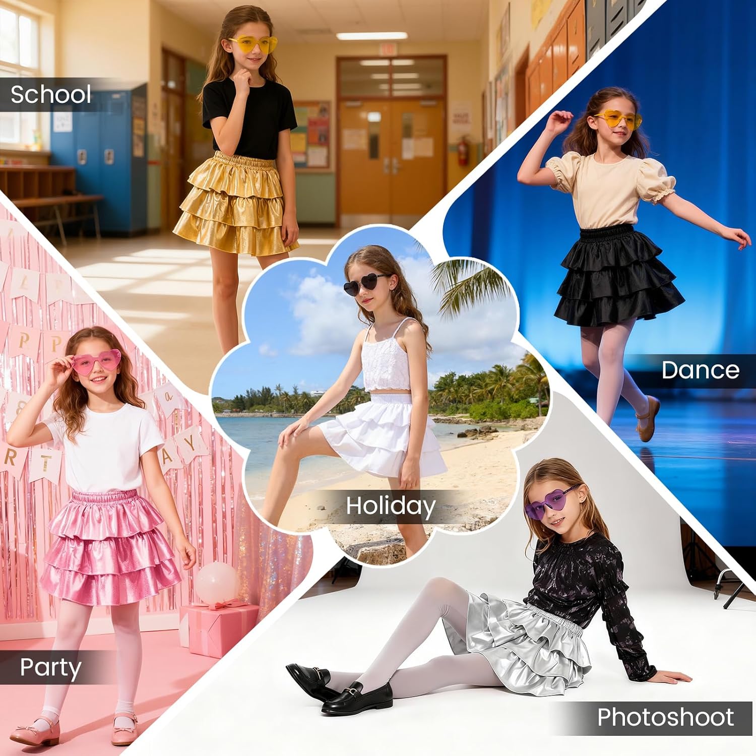 American Trends Girls Metallic Skirts Kids 3-Layers Ruffle Sparkly Skirt with Sunglasses for Girl 4-15 Years - Image 6