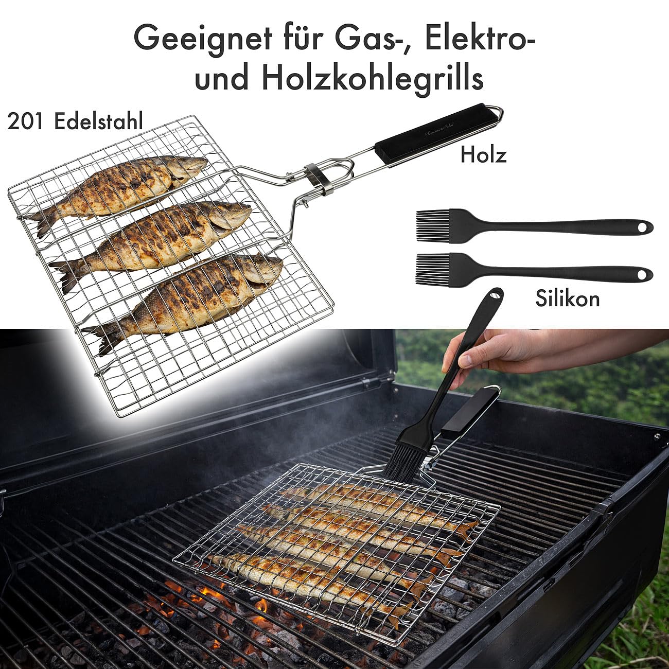 Rosenstein & Söhne Fischgrillzange: 2er-Set Faltbare Edelstahl-Fischbräter, Grillkorb für Fisch und Gemüse (Fischgrillgitter, Fischgriller, Picknick)