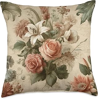 Flowers Vintage Women Retro Roses Peonies Lilies Floral Throw Pillow
