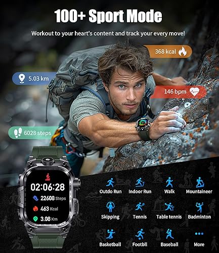 Miniatura 6 de Relojes inteligentes militares para hombres (respuestahacer llamadas), reloj inteligente deportivo con pantalla HD de 2.01 pulgadas con linterna LED