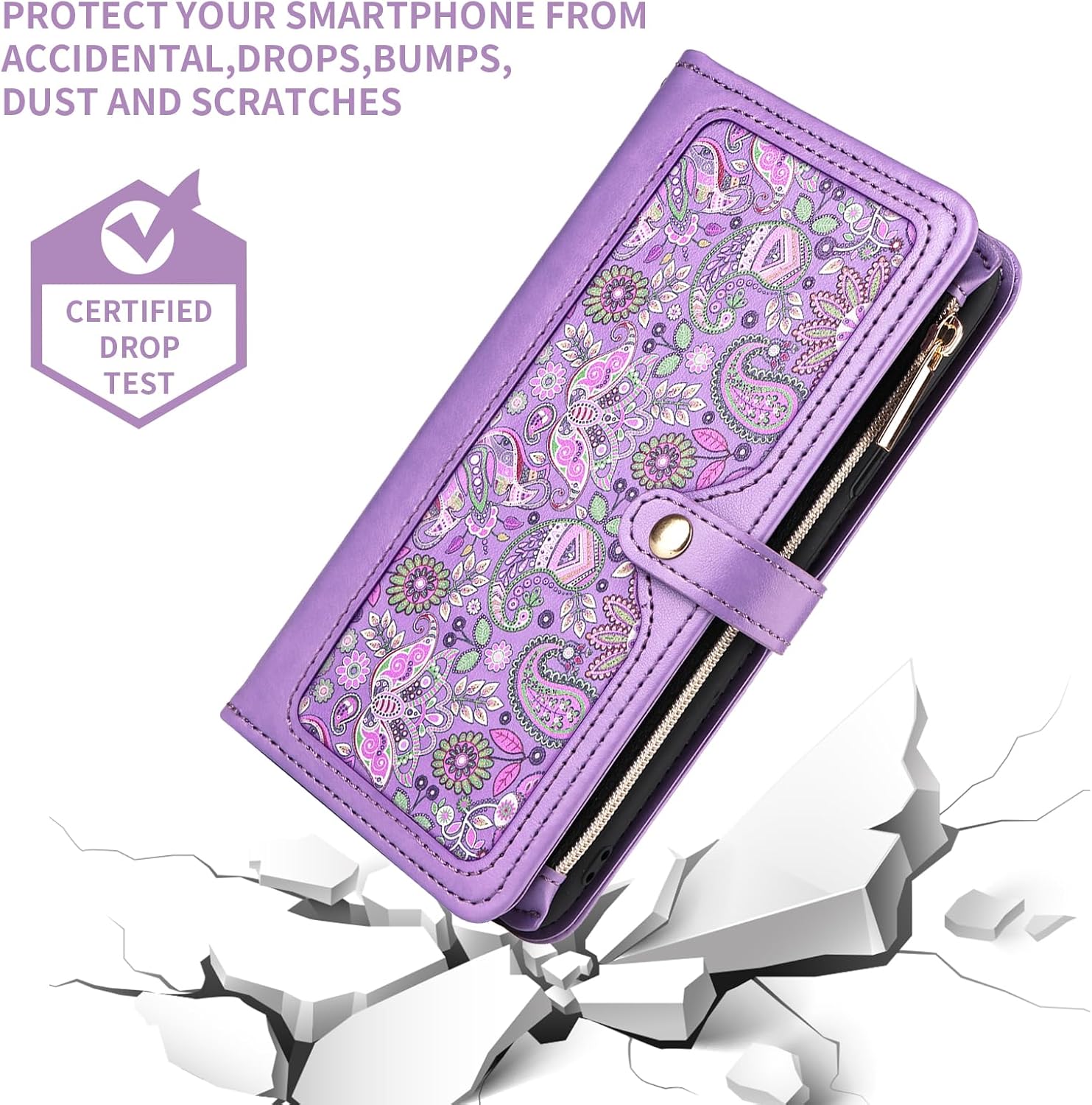 for Samsung Galaxy S24 Ultra 5G Floral Wallet Case with Wrist Strap Shoulder Strap Zipper Purse, Folio Flip Credit Card Holder Stand Phone Cover for S24Ultra 24S S 24 24Ultra Women Men Purple