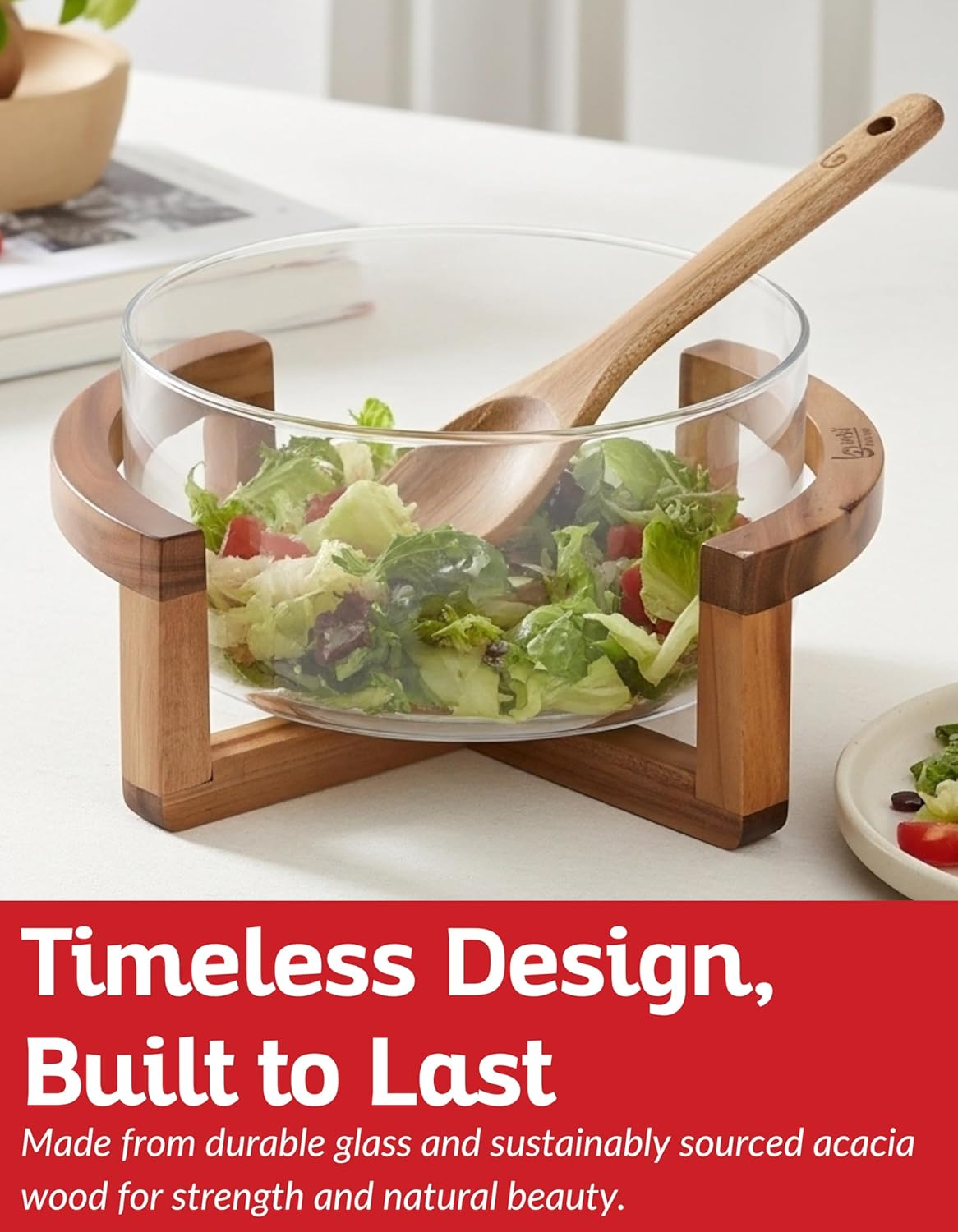 11" Glass Salad Bowl Set with Acacia Spoon & Fork paired with 17" Stainless Steel Grill Tongs featuring a Walnut Grip—durable, heat-resistant serveware ideal for home kitchens and outdoor cooking
