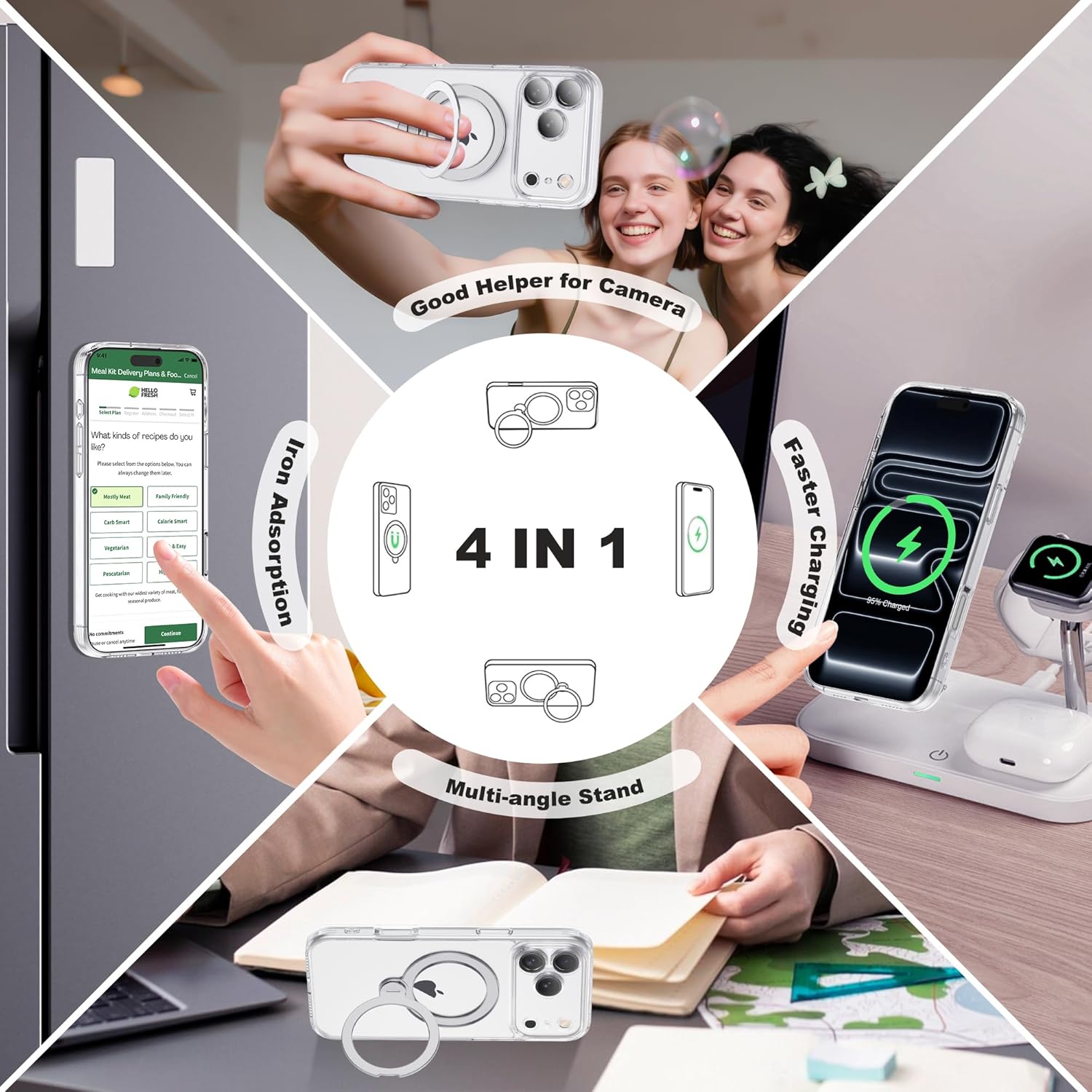 Compatible with iPhone 17 Pro Max Case with 360° Spin Magnetic Ring Stand [Compatible with Mag-Safe] Full Camera Lens Protector Plating Clear Phone Case for iPhone 17 Pro Max 6.9", Clear - Image 3