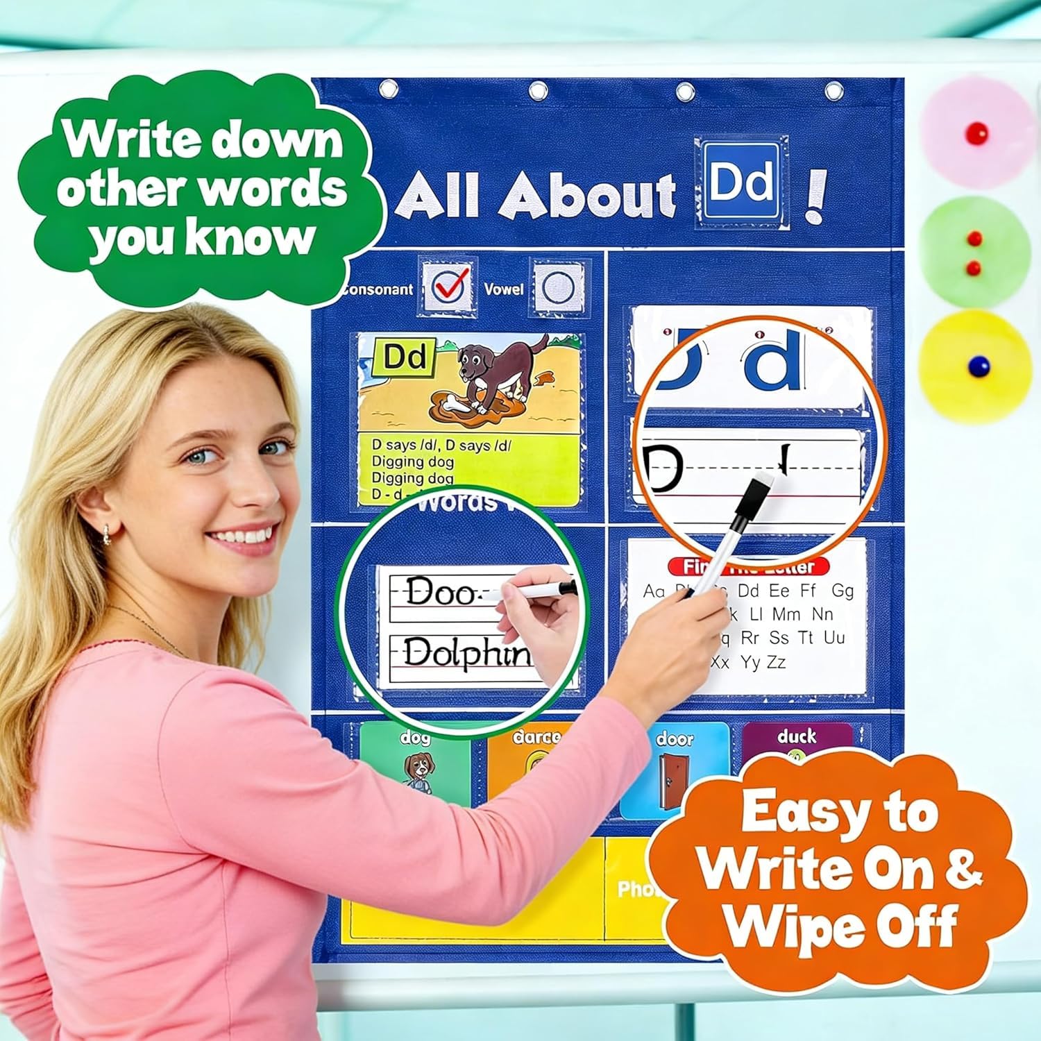 Alphabet-Lerntaschendiagramm – Interaktive ABC-Buchstabenerkennung, Wandtafel für Klassenzimmer und Heimschule, Lernwerkzeug für frühes Lernen
