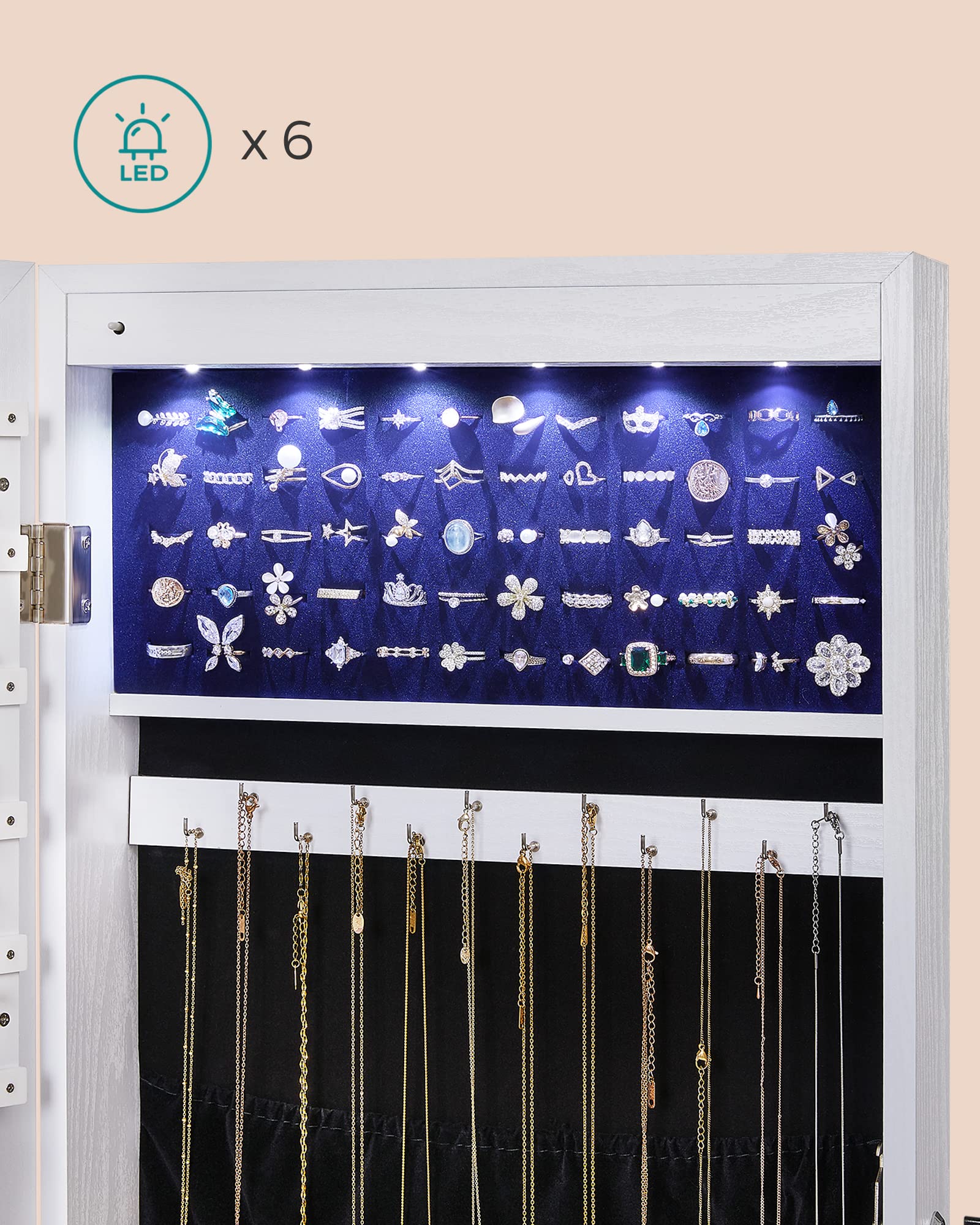 SONGMICS Sieradenspiegel met slot, spiegel voor het opbergen van sieraden aan muur of deur, sieradenkast, full-body spiegel zonder lijst, cadeau-idee, wolkenwit JJC003W01