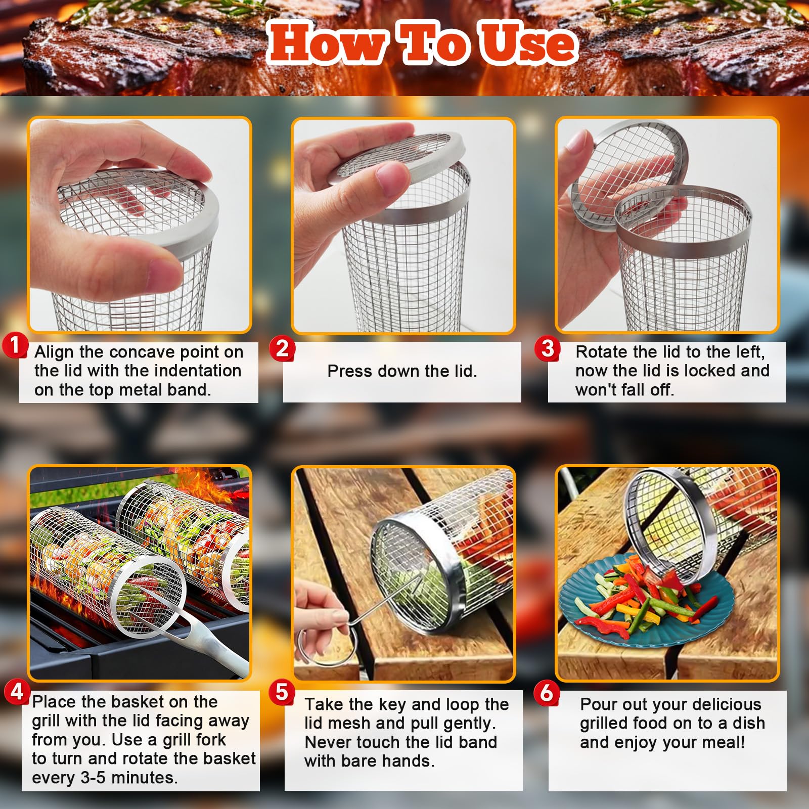 Panier à Griller Roulant 2 Pièces, Acier Inoxydable 304 avec Support & Brosse, pour Légumes, Frites, Poisson, Accessoires Grill pour Extérieur Camping Jardin, Cadeau Homme ou Papa