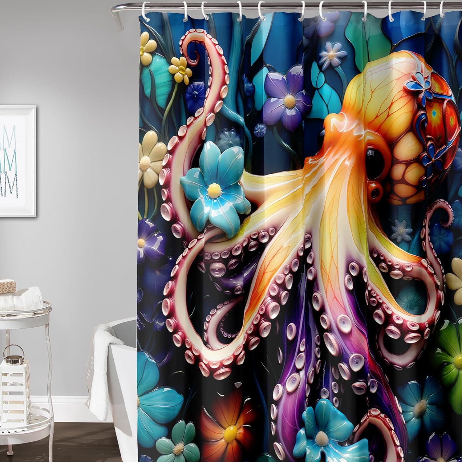 AILONEN 3D Octopus Shower Curtain,Ocean Themed Sea Animal Bathroom Decor for Kids Girls,Beautiful Flower Printed Octopus Waterproof Bath Curtain + Plastic Hooks, 72" W x 78" H